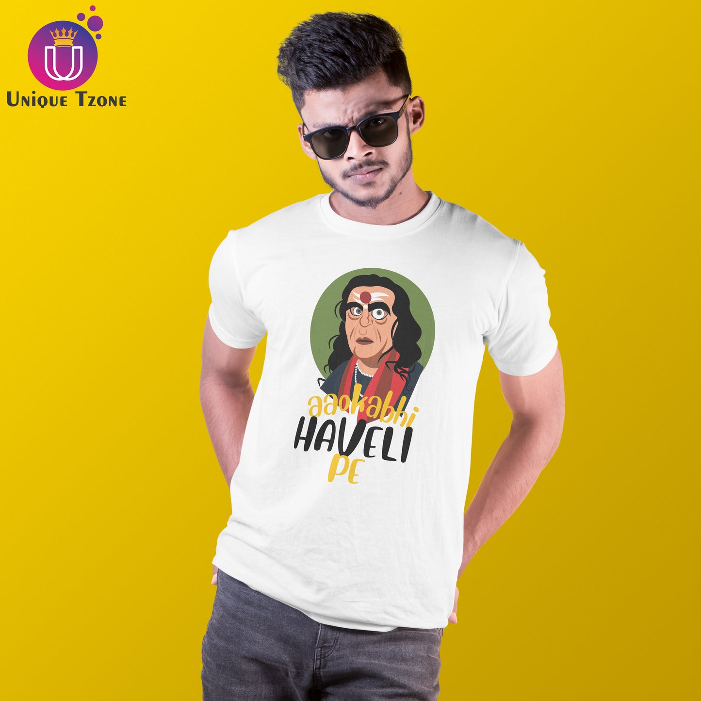 Aao Kabhi Haveli Pe Hindi Typography Round Neck Half Sleeve Cotton Tshirt