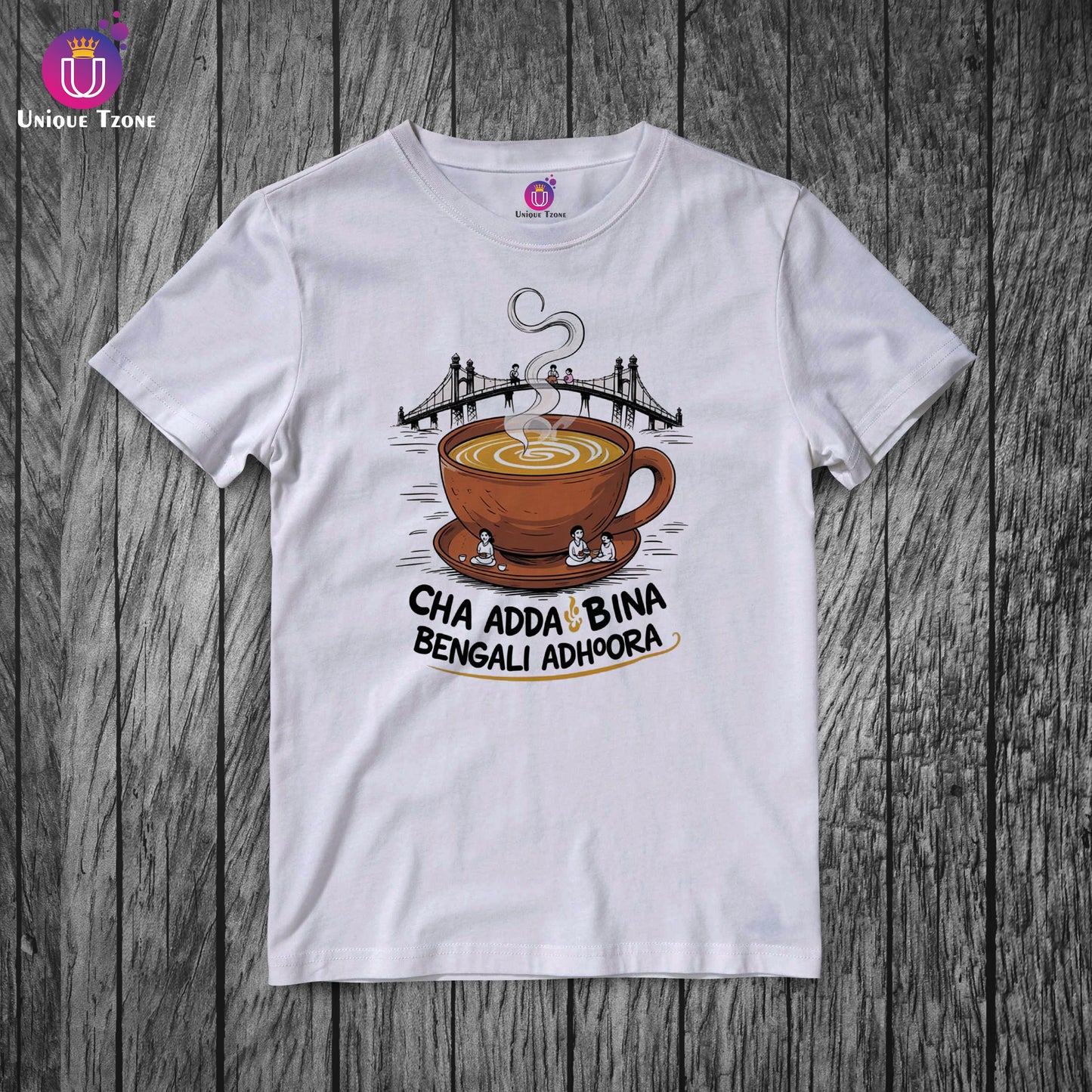 Chaa Lover Kolkata Bengali Style Premium White Unisex Half Sleeve Cotton Tshirt