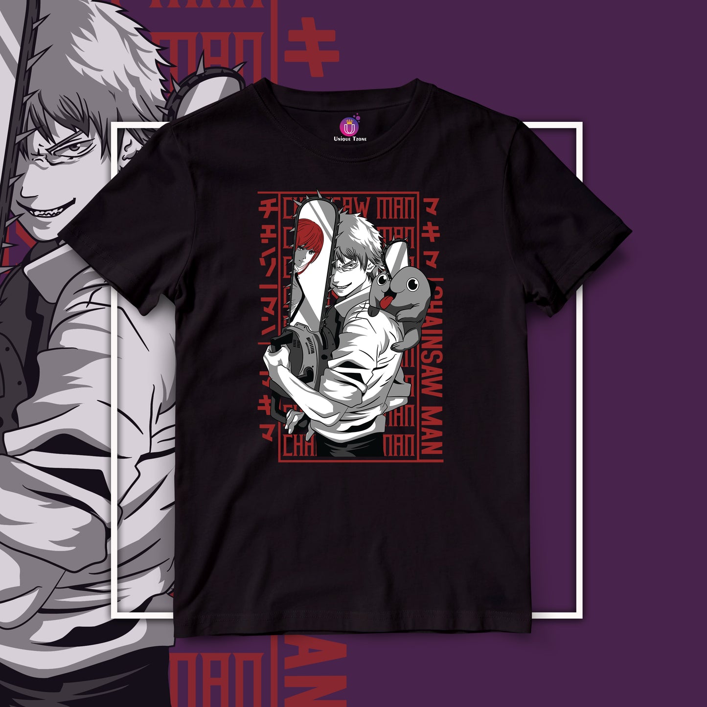 Denji Black And White Chainsaw Man Half Sleeve Unisex Anime Tshirt