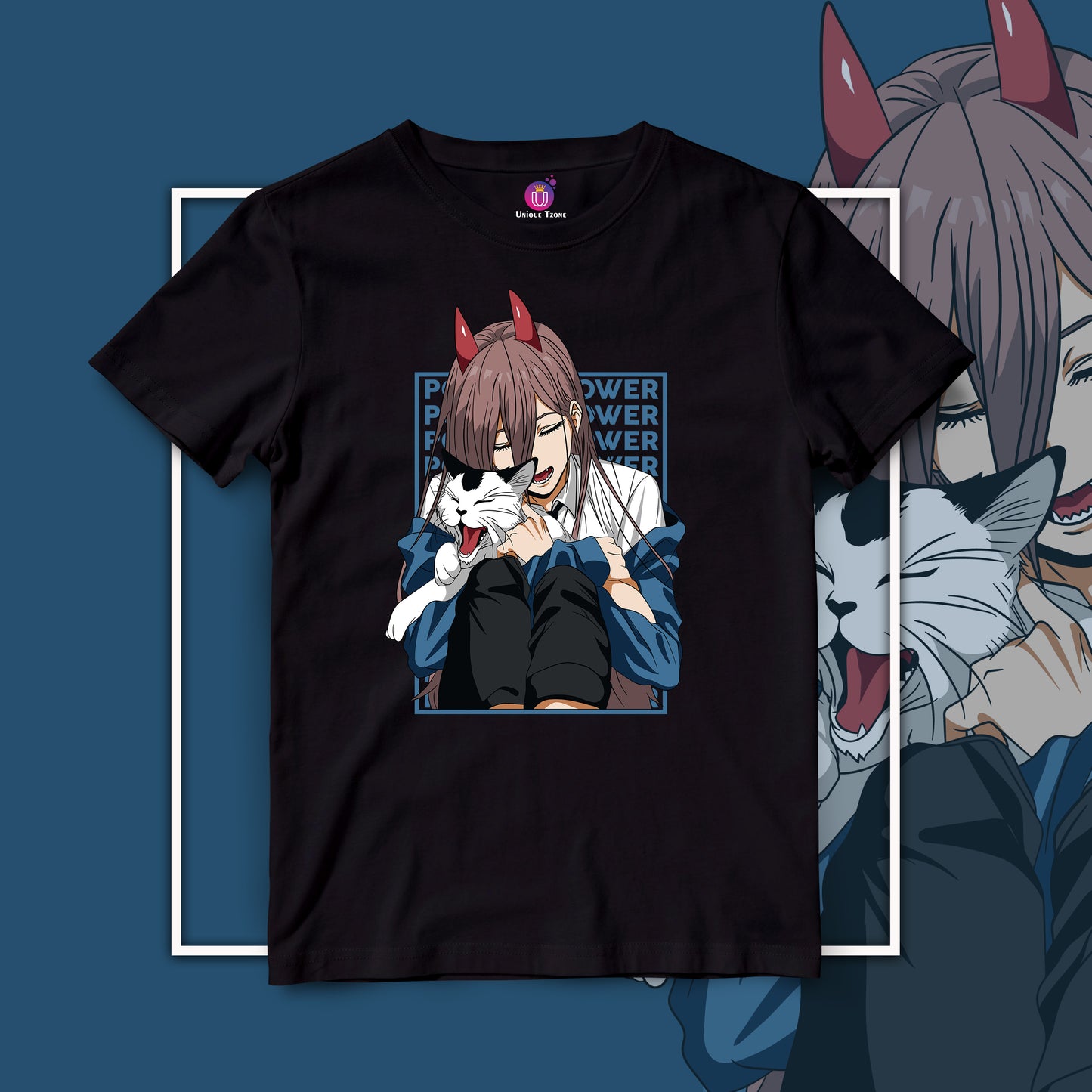 Power With Cat Chainsaw Man Half Sleeve Unisex Anime Tshirt