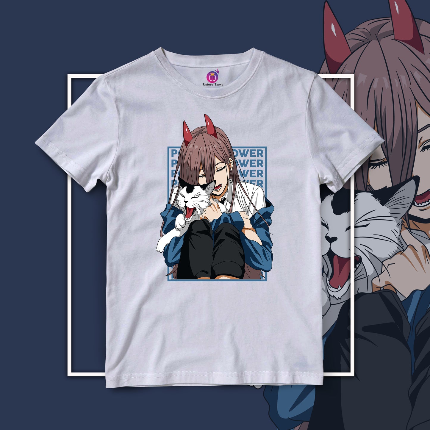 Power With Cat Chainsaw Man Half Sleeve Unisex Anime Tshirt