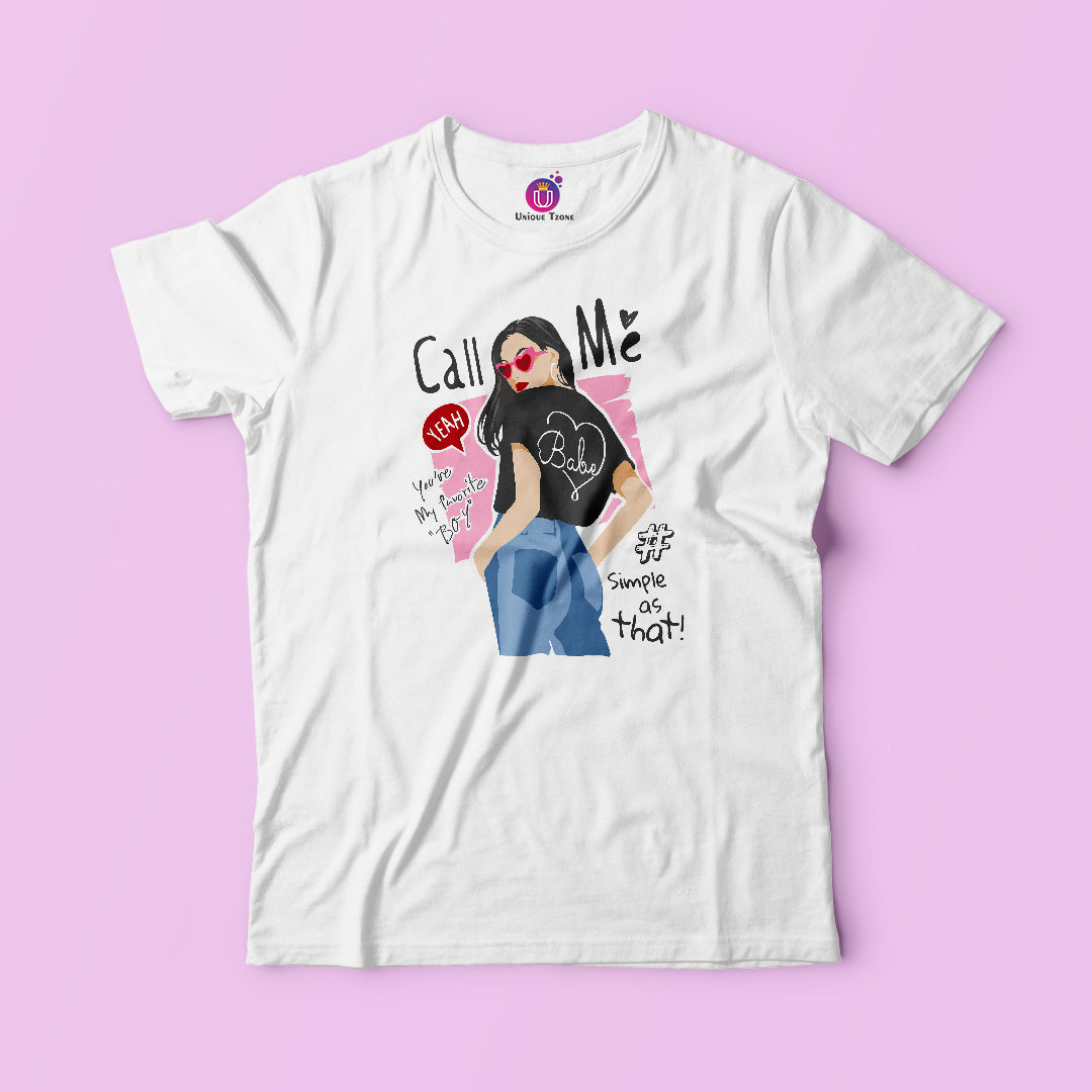 Call Me Women Round Neck Half Sleeve White Pure Cotton Tshirt
