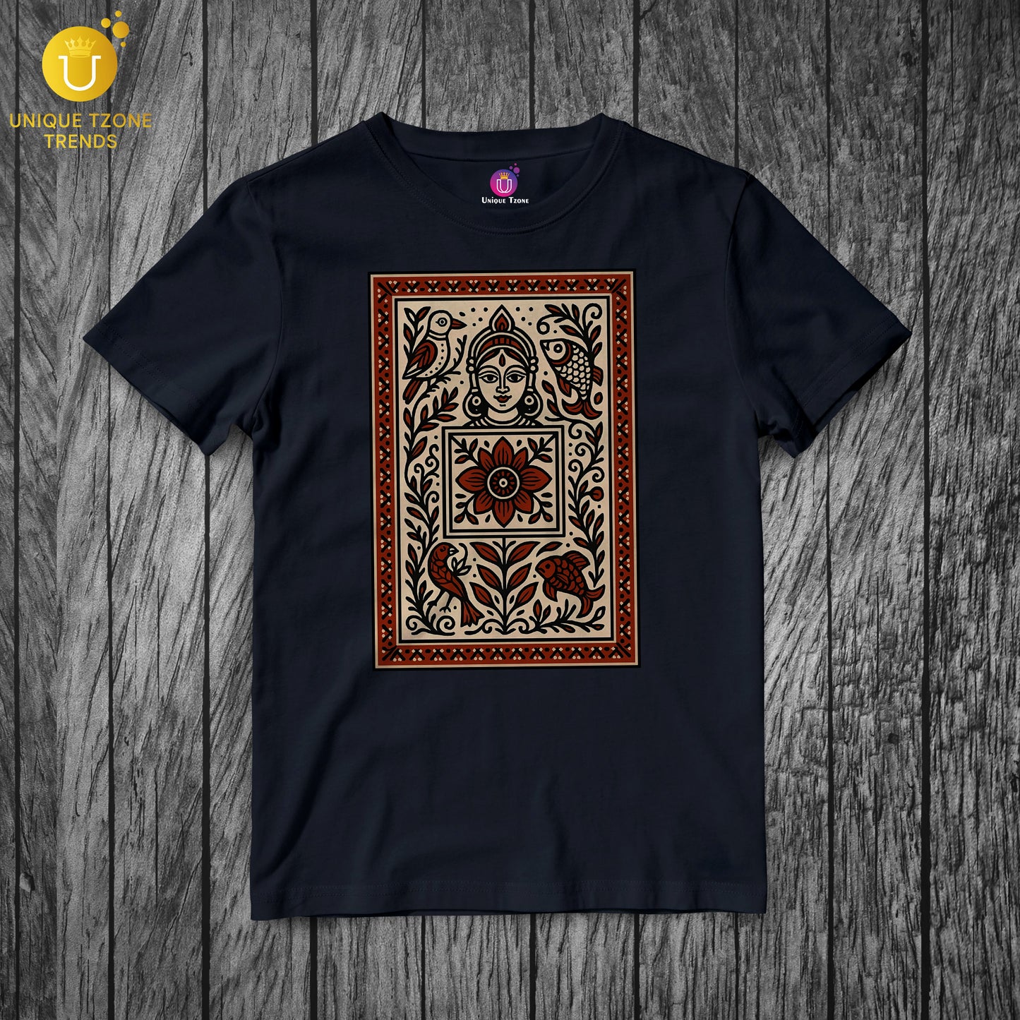 Devi Motif Madhubani Pattachitra Folk Art Half Sleeve Round Neck Unisex Pure Cotton Tshirt