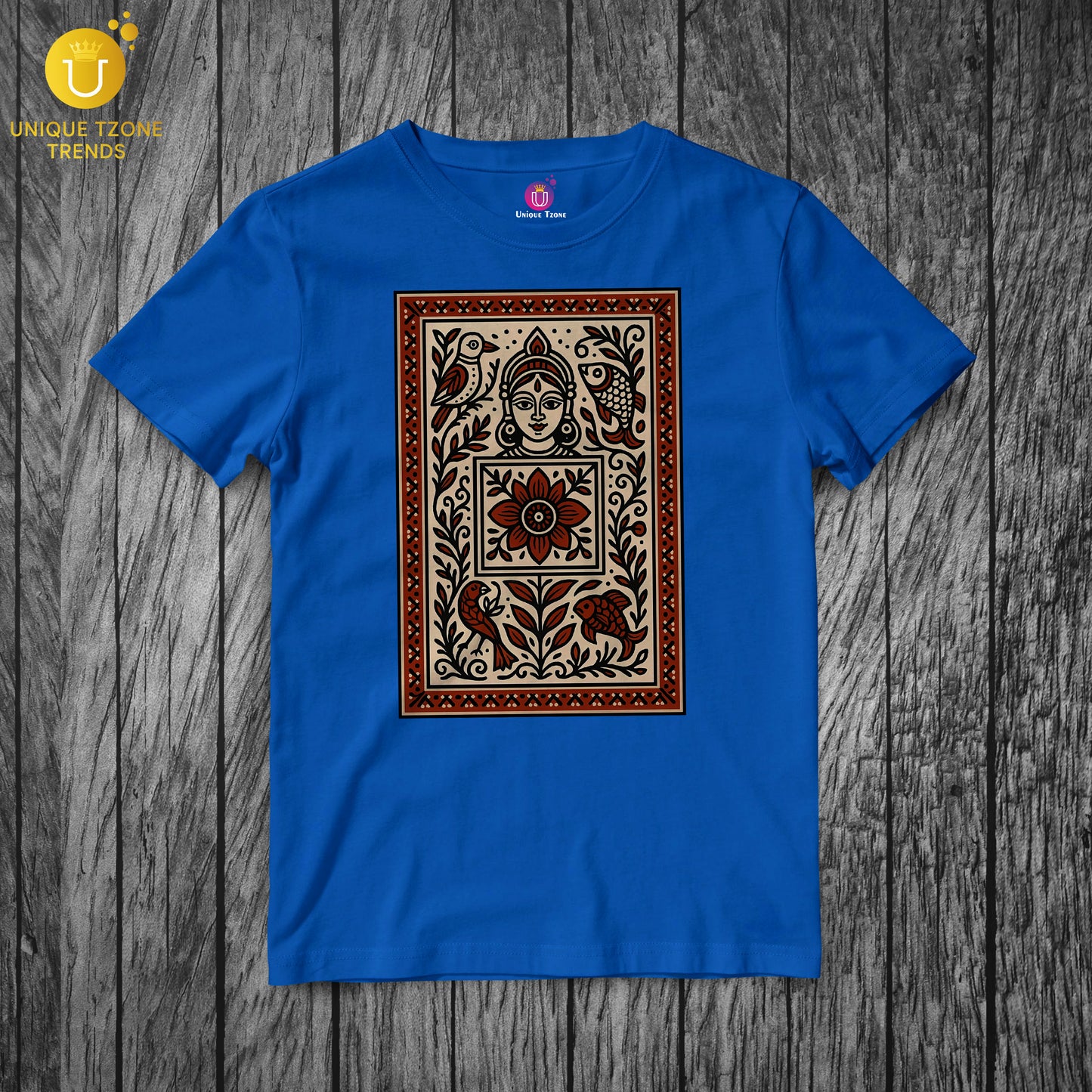 Devi Motif Madhubani Pattachitra Folk Art Half Sleeve Round Neck Unisex Pure Cotton Tshirt