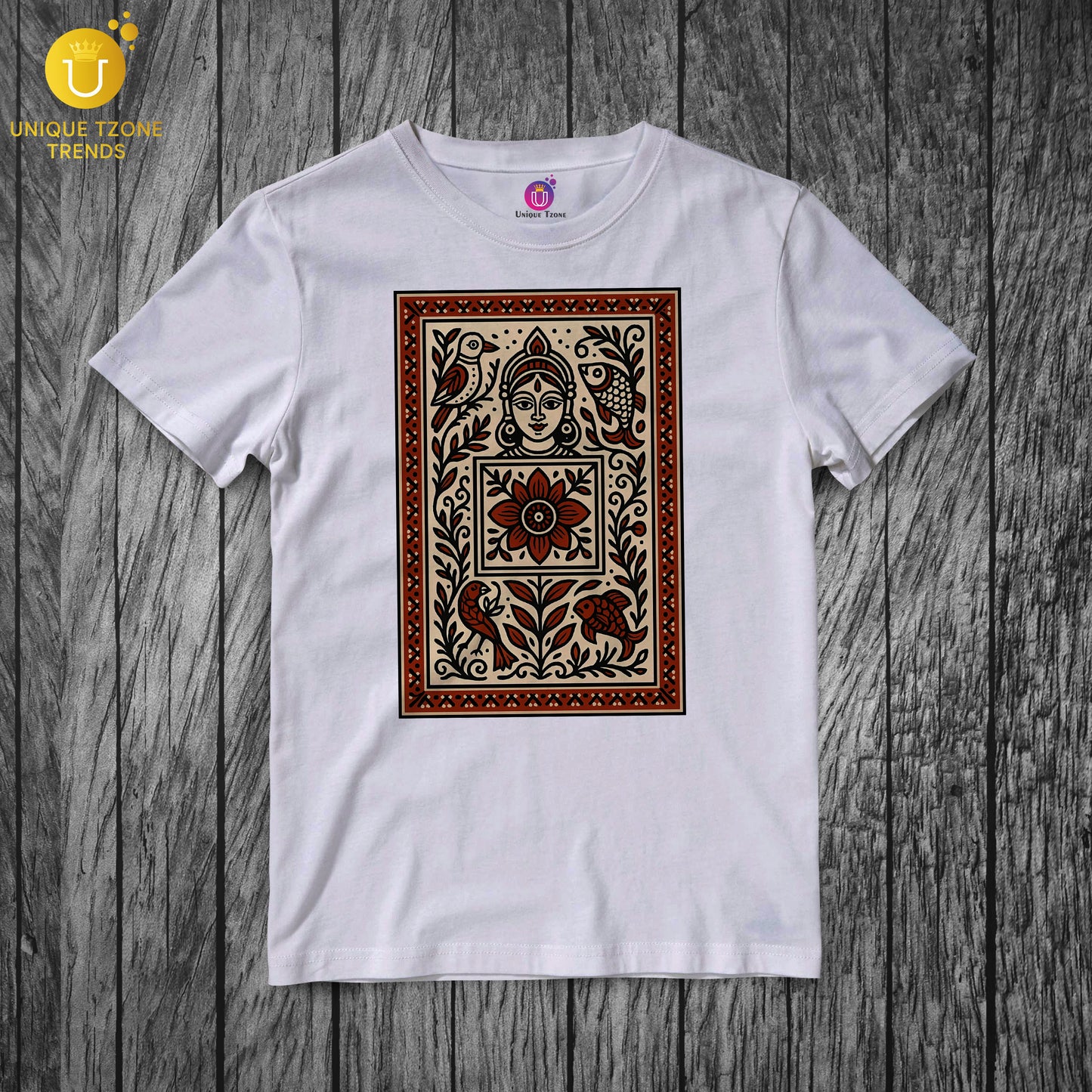Devi Motif Madhubani Pattachitra Folk Art Half Sleeve Round Neck Unisex Pure Cotton Tshirt