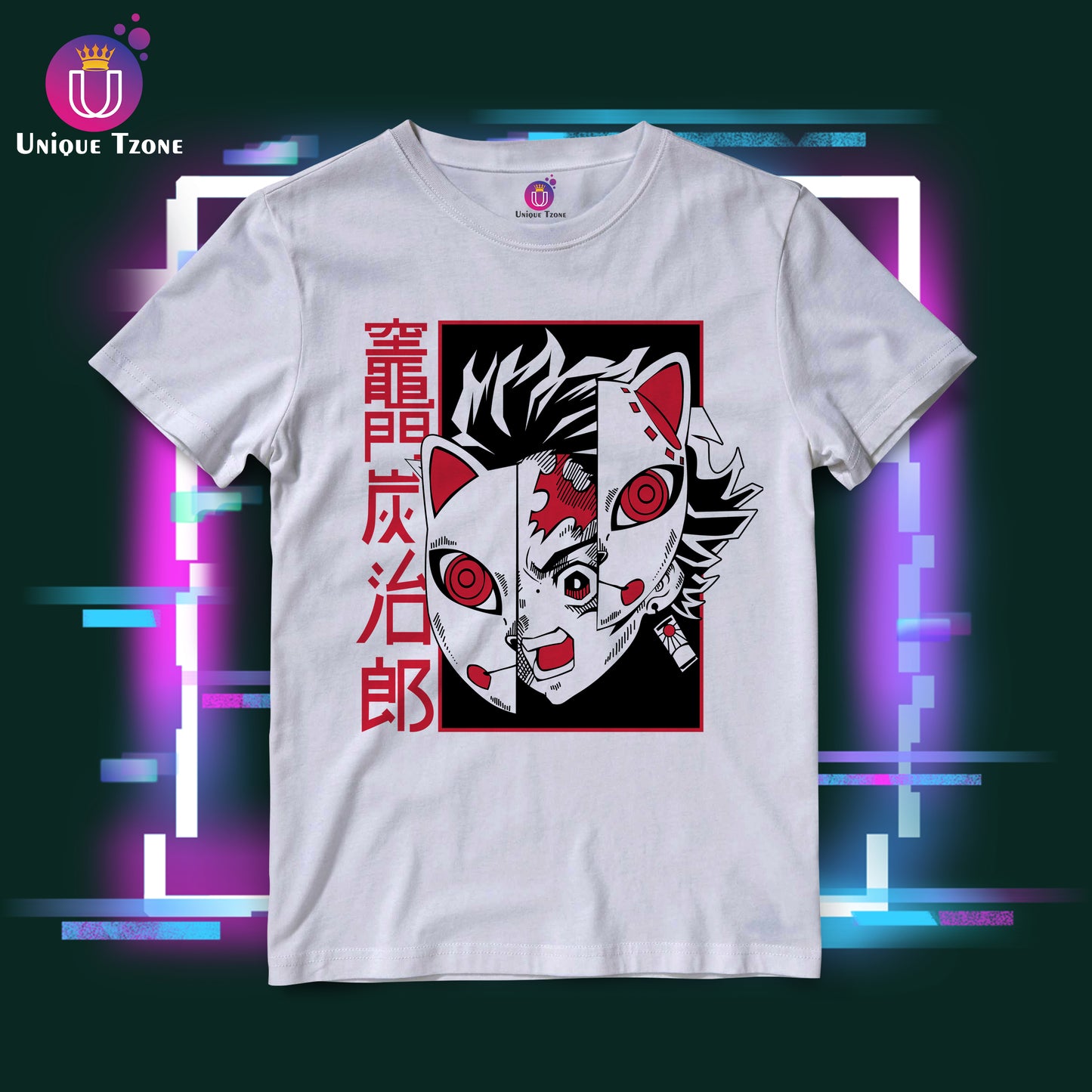 Anime Graphics Slayer Face Of Demon Round Neck Cotton Tshirt