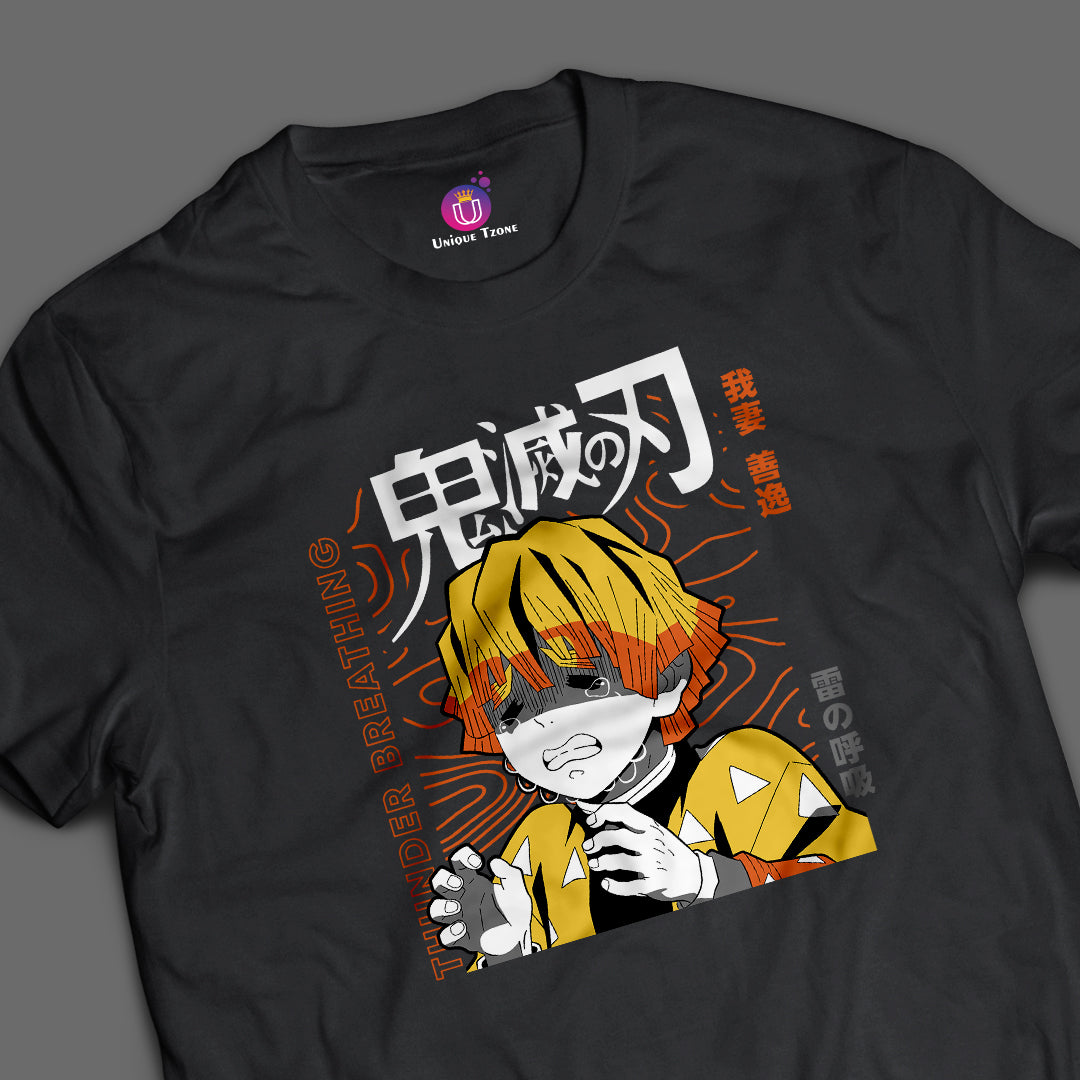 Agatsuma Zenitsu Anime Graphics Demon Slayer Half Sleeve Round Neck Unisex Cotton Tshirt