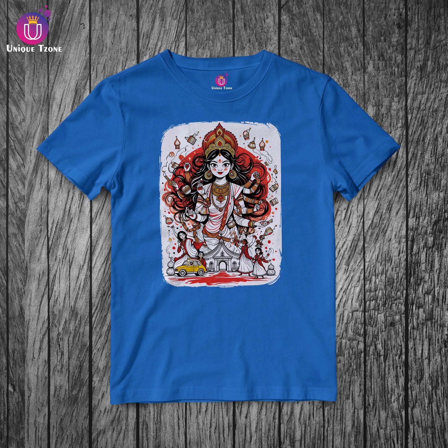 Maa Durga Kolkata Style Doodle Pen Pencil Artwork Style Half Sleeve Round Neck Unisex Cotton Tshirt