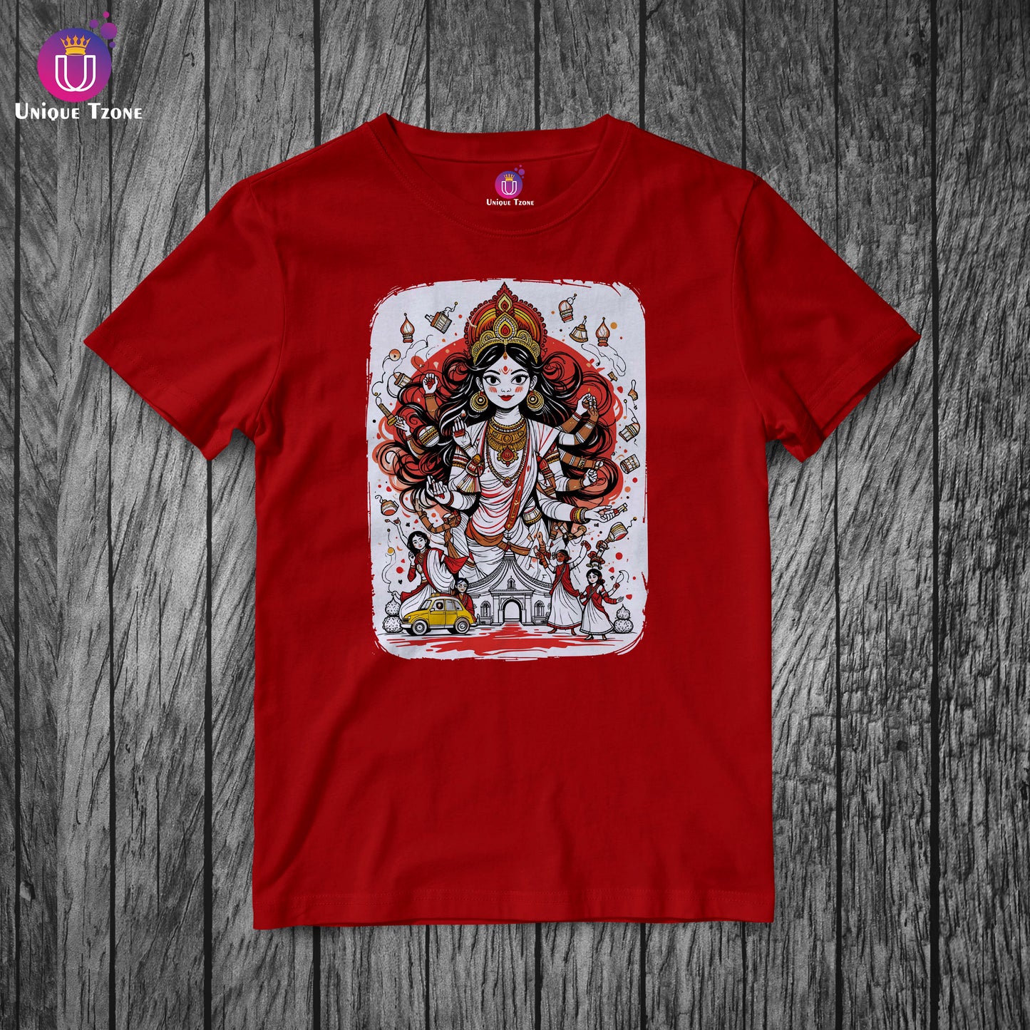 Maa Durga Kolkata Style Doodle Pen Pencil Artwork Style Half Sleeve Round Neck Unisex Cotton Tshirt