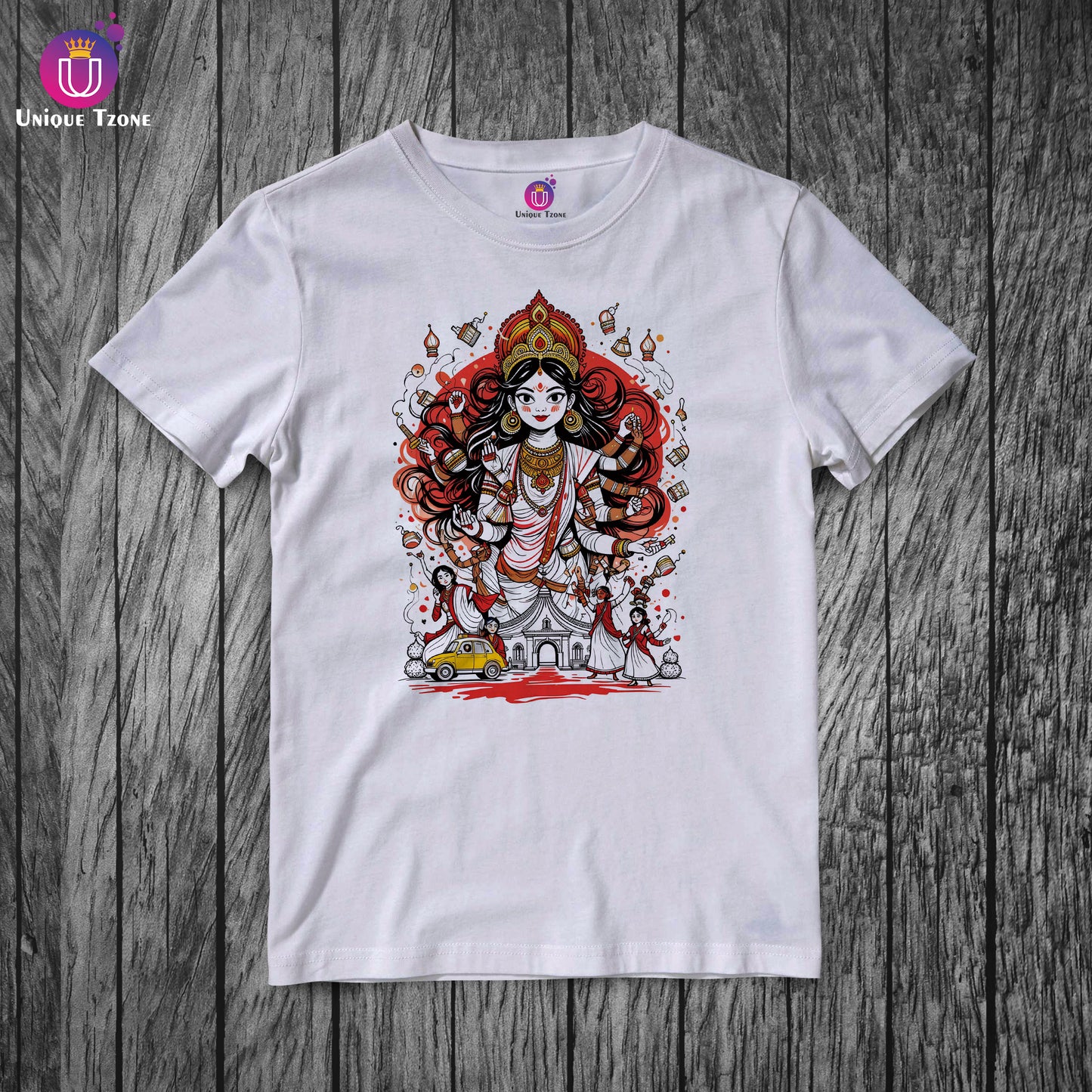 Maa Durga Kolkata Style Doodle Pen Pencil Artwork Style Half Sleeve Round Neck Unisex Cotton Tshirt