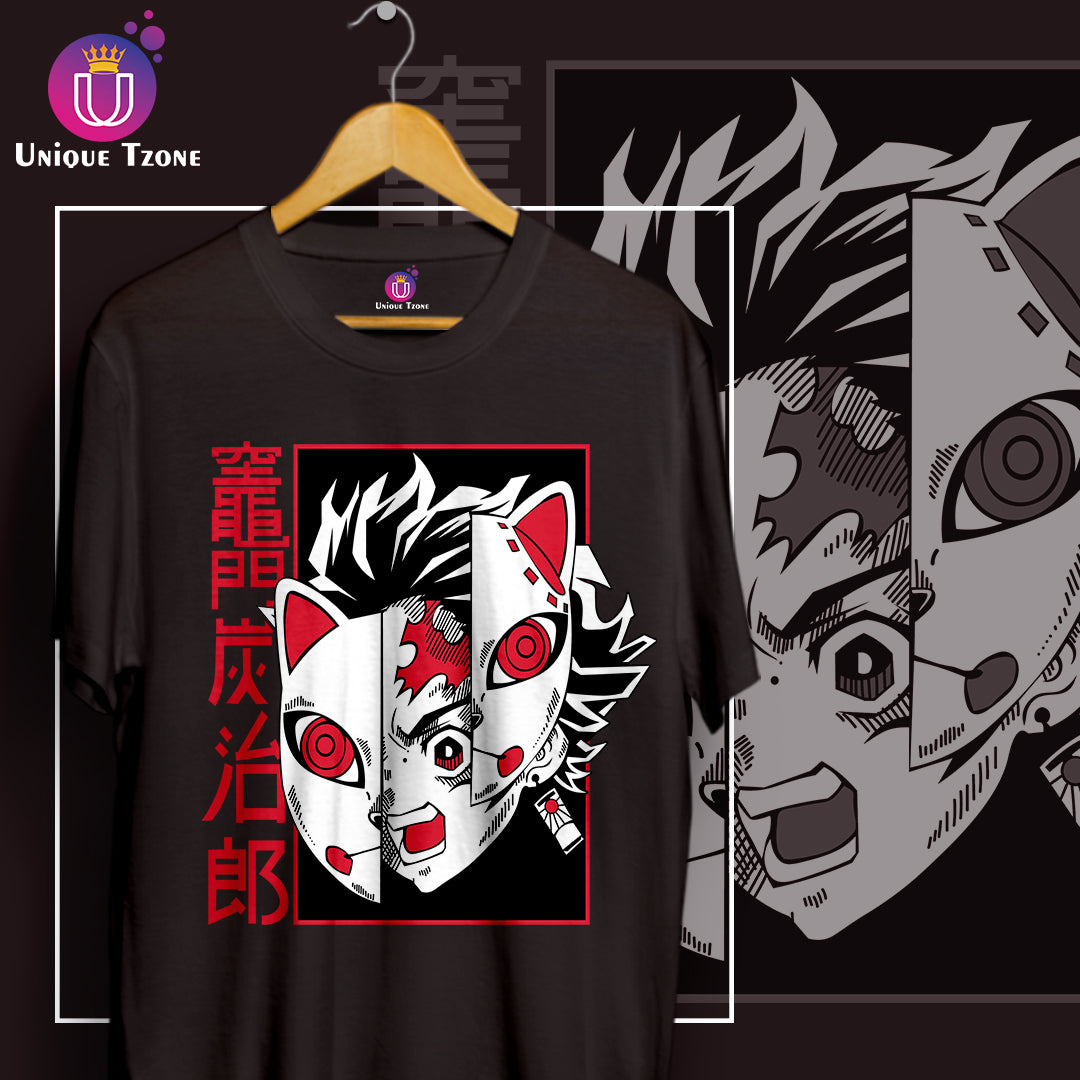 Anime Graphics Slayer Face Of Demon Round Neck Cotton Tshirt