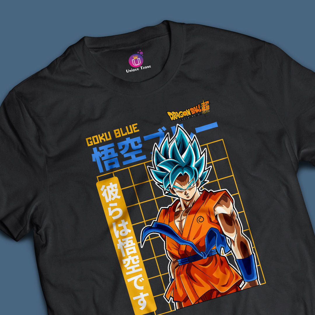 Son Goku Blue Anime Graphics Dragon Ball Z Half Sleeve Round Neck Cotton Tshirt