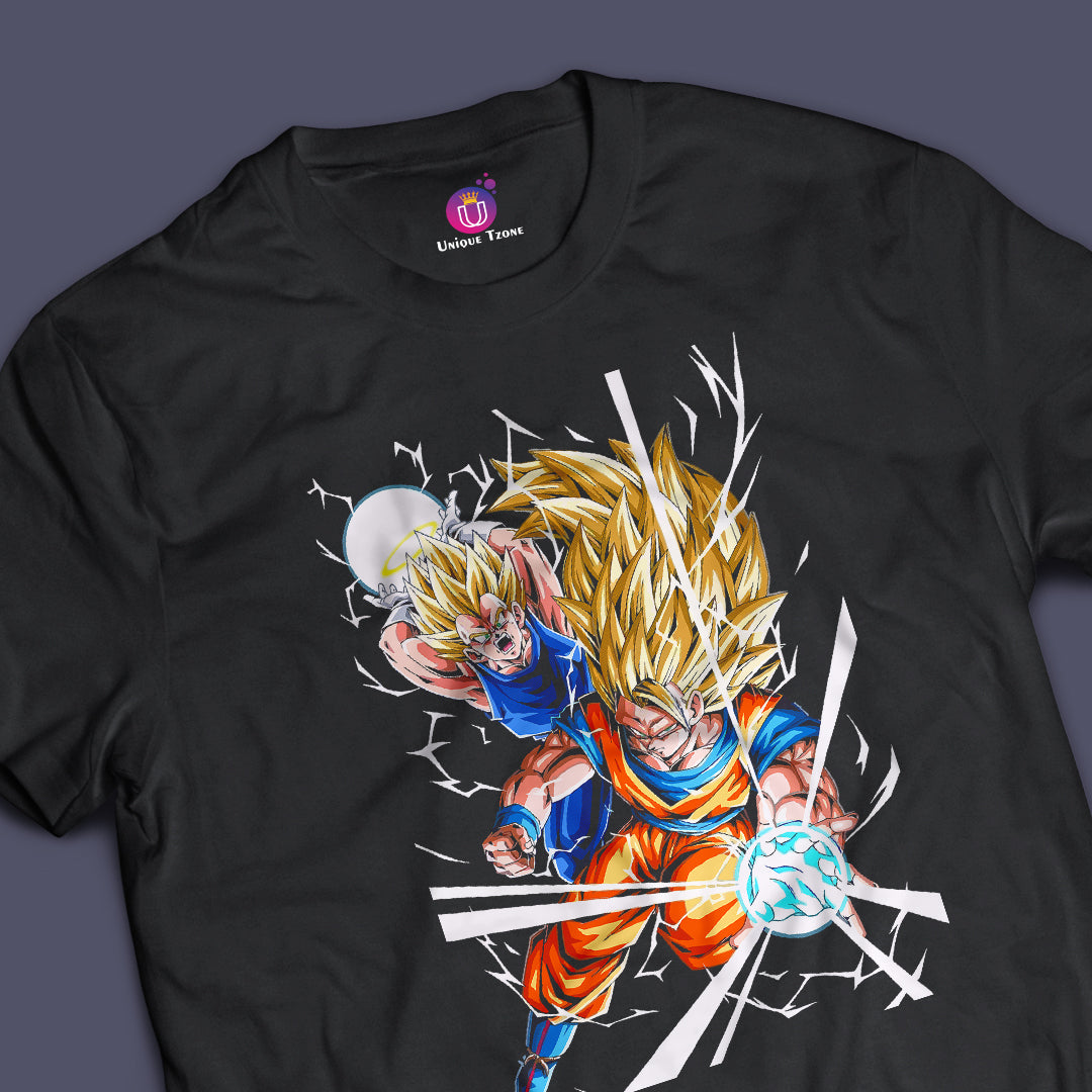 Fight Between Goku And Vegeta Anime Graphics Half Sleeve Round Neck Unisex Tshirt