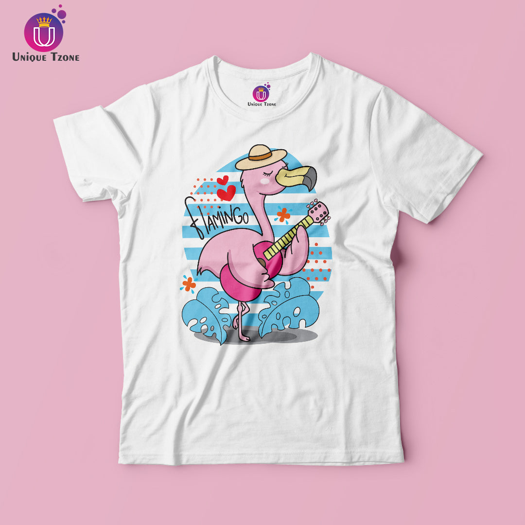 Flamingo Women Round Neck Half Sleeve Pure Cotton White Tshirt