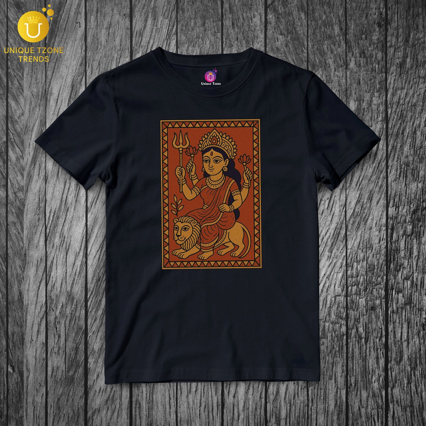 Indian Folk Art Style Durga Maa Durgati Nashini Half Sleeve Round Neck Unisex Cotton Tshirt