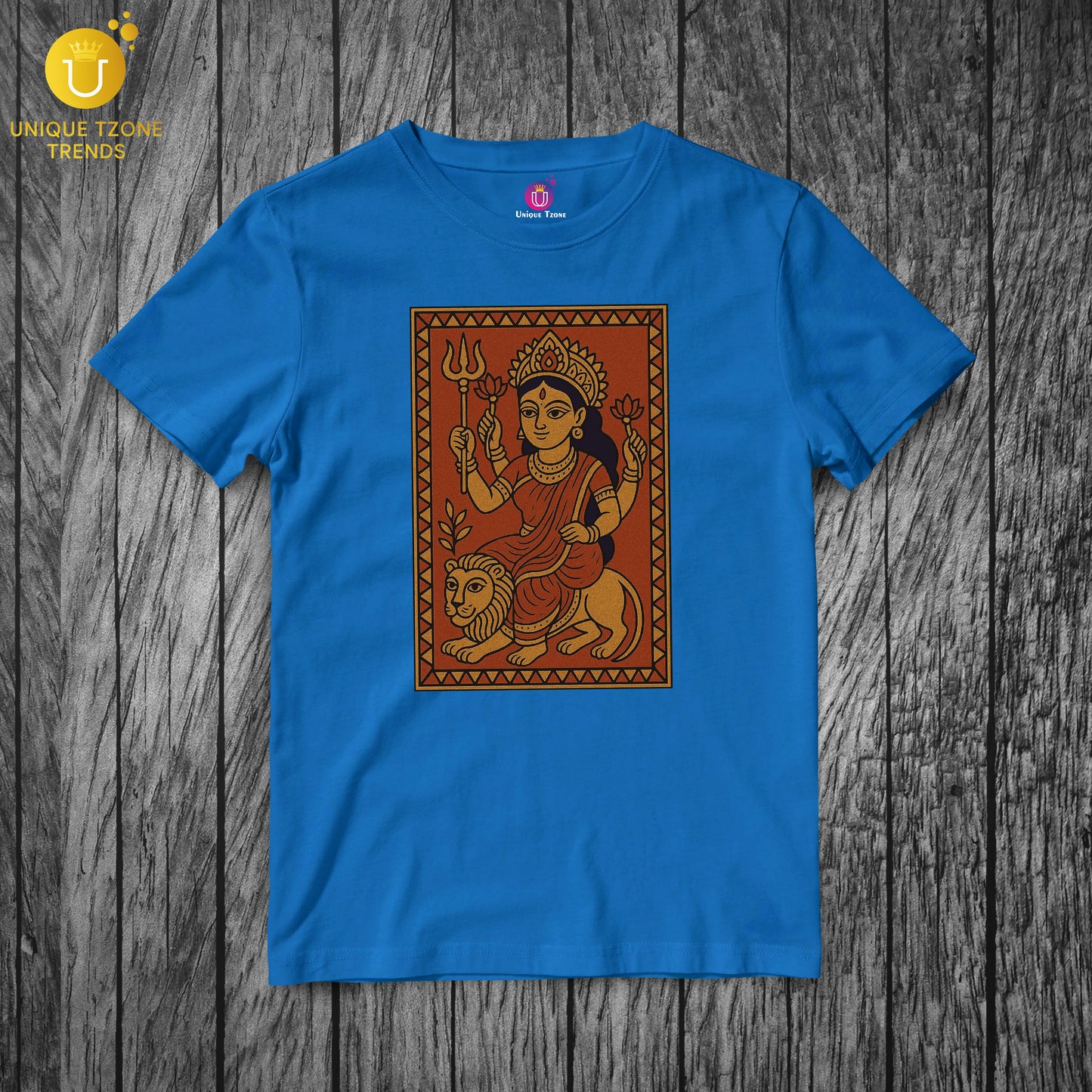 Indian Folk Art Style Durga Maa Durgati Nashini Half Sleeve Round Neck Unisex Cotton Tshirt