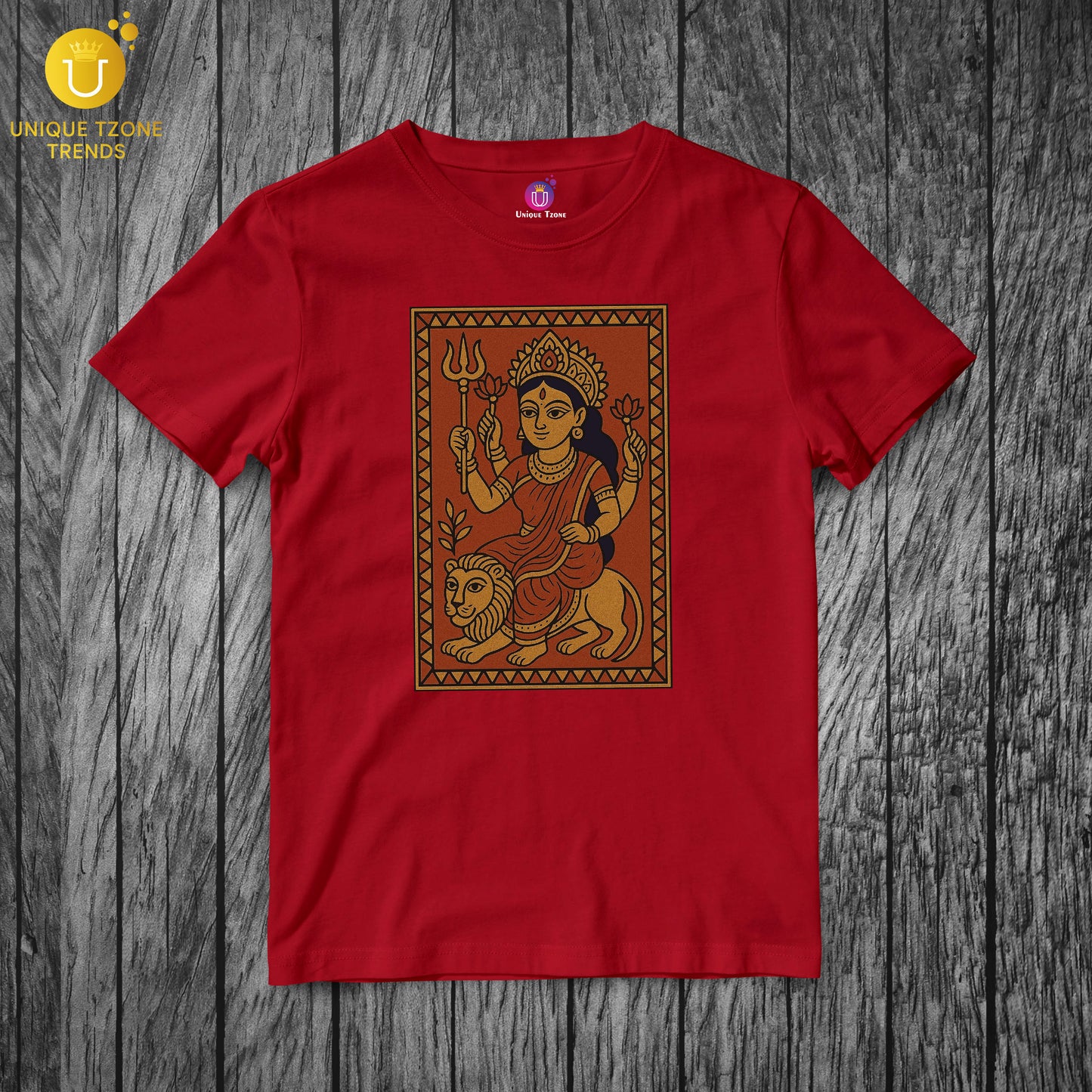 Indian Folk Art Style Durga Maa Durgati Nashini Half Sleeve Round Neck Unisex Cotton Tshirt