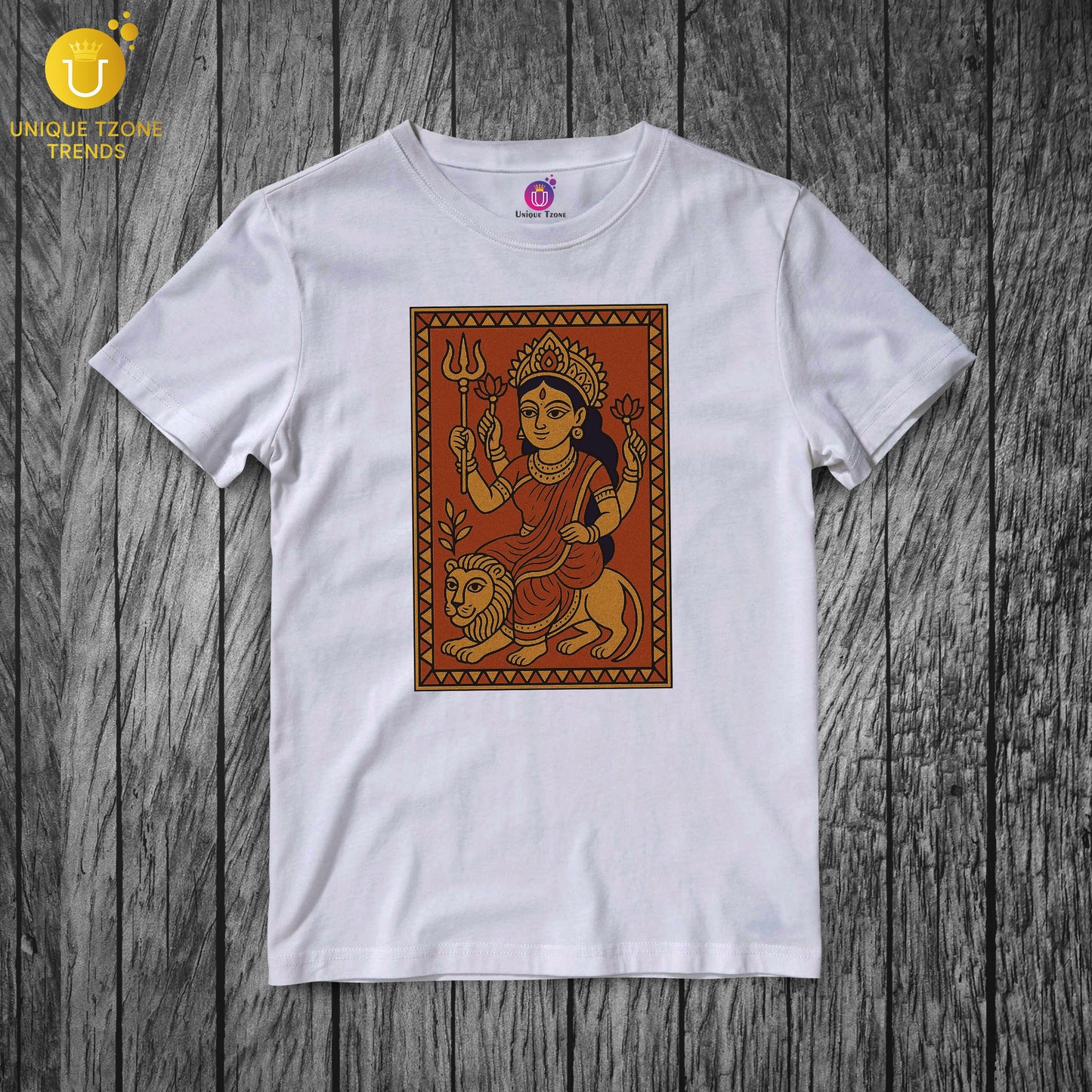 Indian Folk Art Style Durga Maa Durgati Nashini Half Sleeve Round Neck Unisex Cotton Tshirt