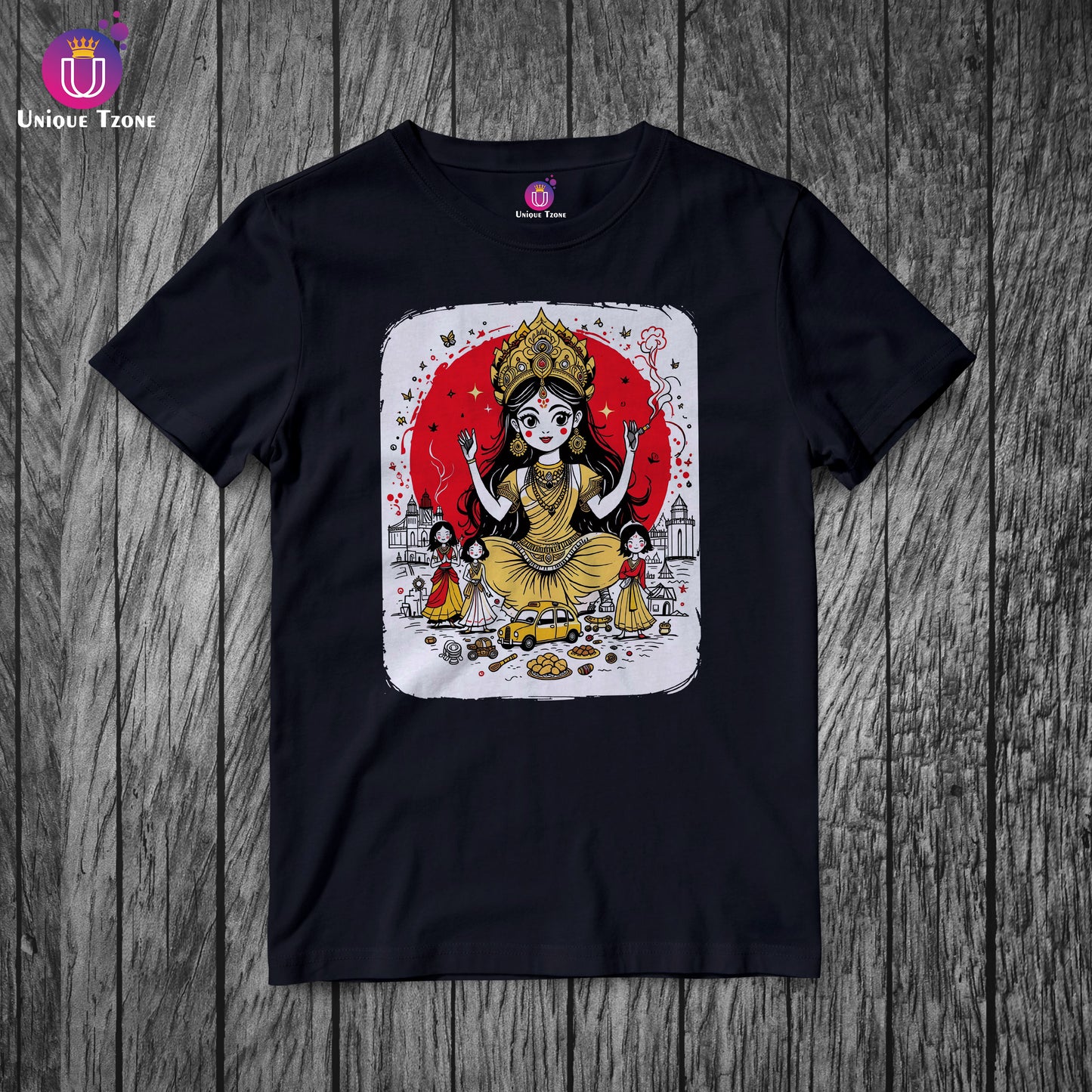 Doodle Style Kolkata Durga Puja Half Sleeve Unisex Cotton Tshirt