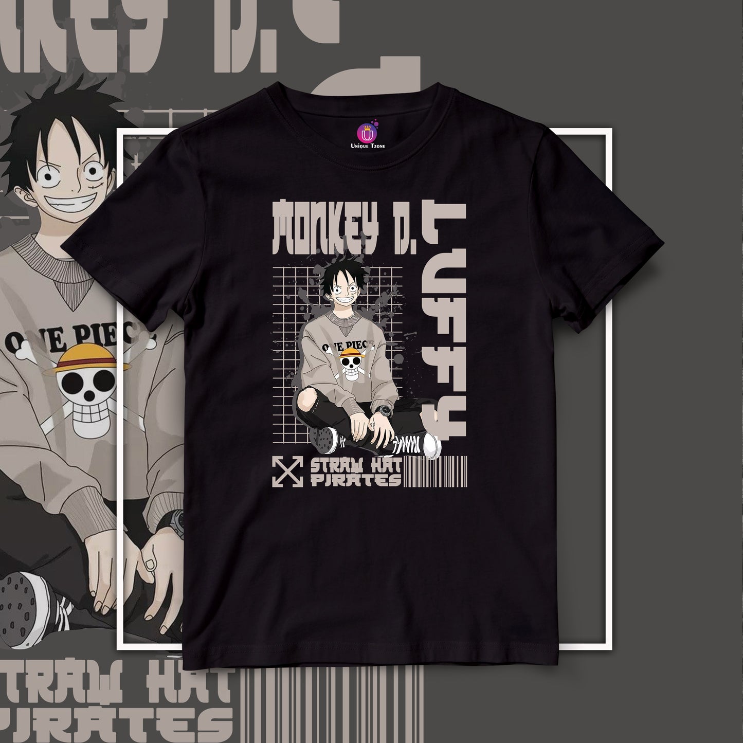 Modern Charm Monkey D Luffy Anime Graphics Half Sleeve Unisex Round Neck Cotton Tshirt