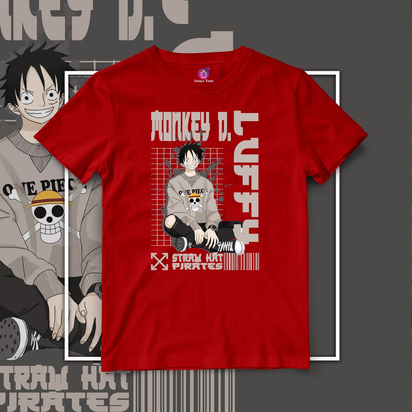 Modern Charm Monkey D Luffy Anime Graphics Half Sleeve Unisex Round Neck Cotton Tshirt