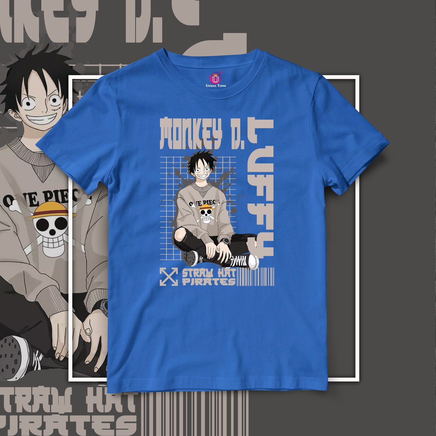 Modern Charm Monkey D Luffy Anime Graphics Half Sleeve Unisex Round Neck Cotton Tshirt