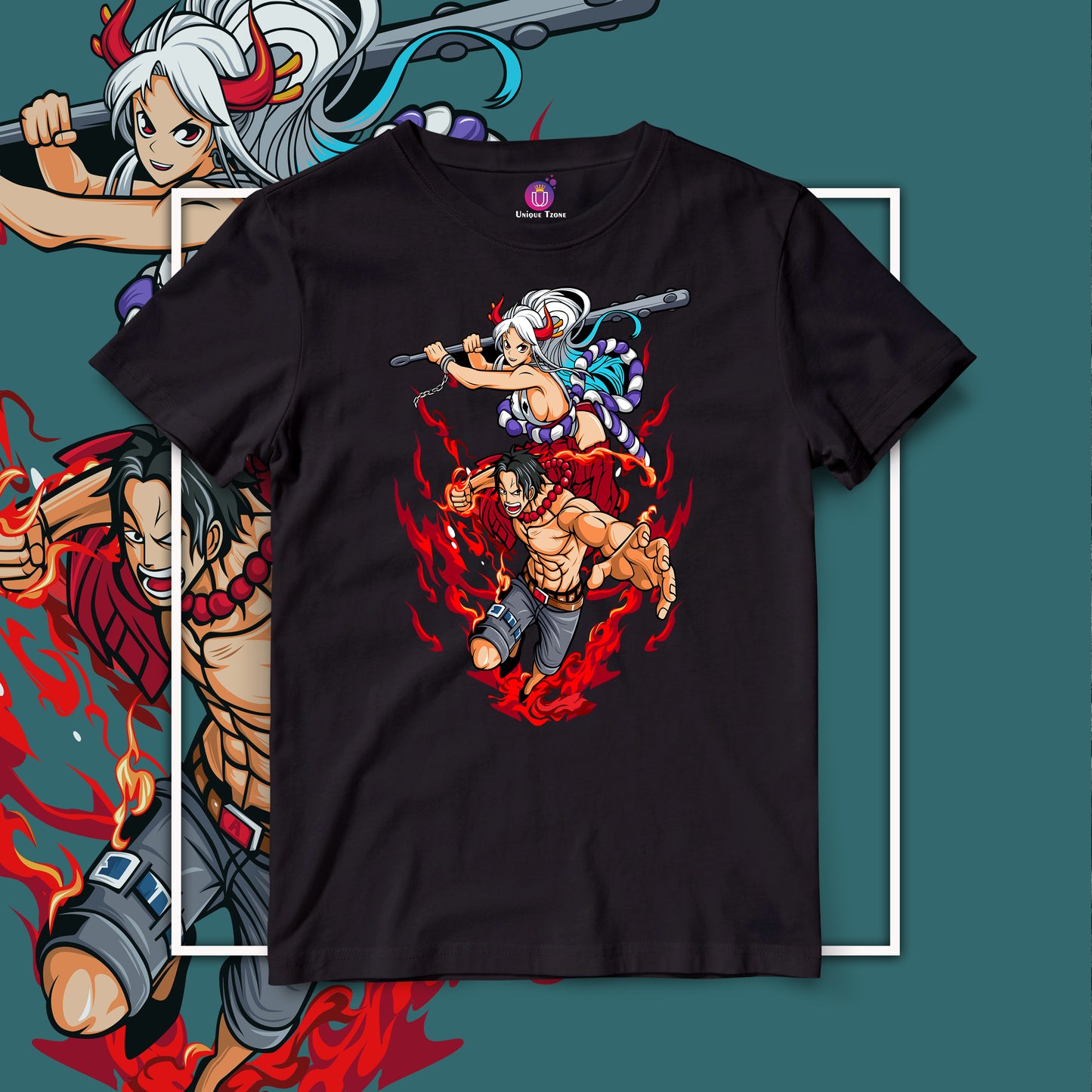 Yamato And Portgas One Piece Anime Graphics Round Neck Half Sleeve Unisex Cotton Tshirt