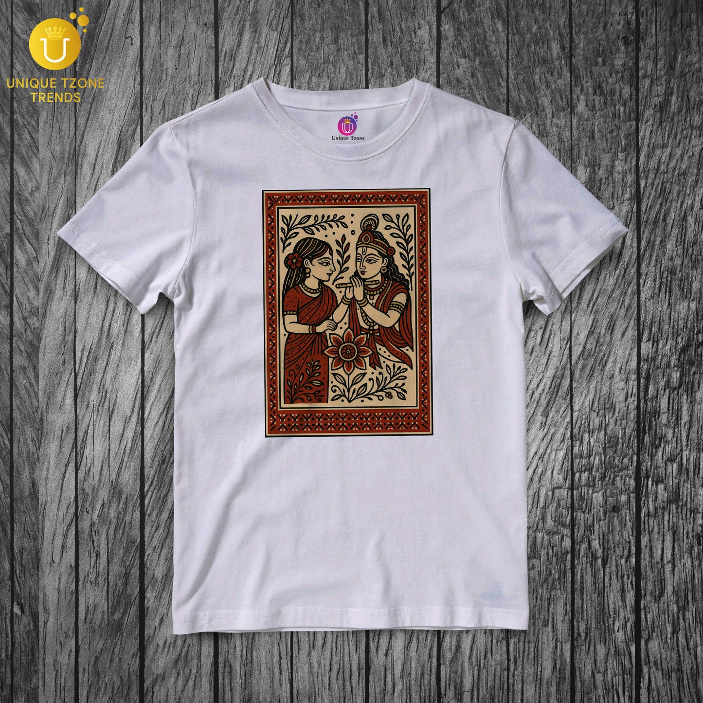 Radha Krishna Pattachitra Madhubani Folk Art Style Half Sleeve Round Neck Unisex Cotton Tshirt