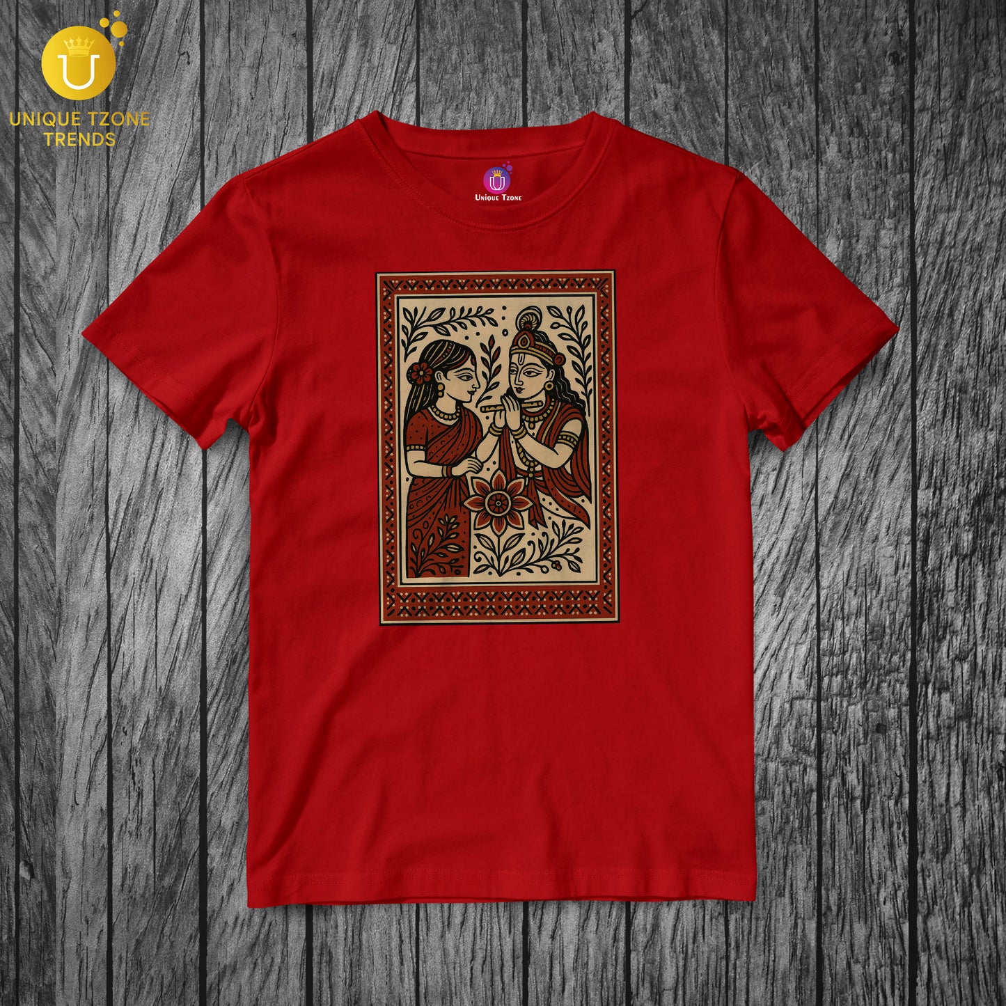 Radha Krishna Pattachitra Madhubani Folk Art Style Half Sleeve Round Neck Unisex Cotton Tshirt