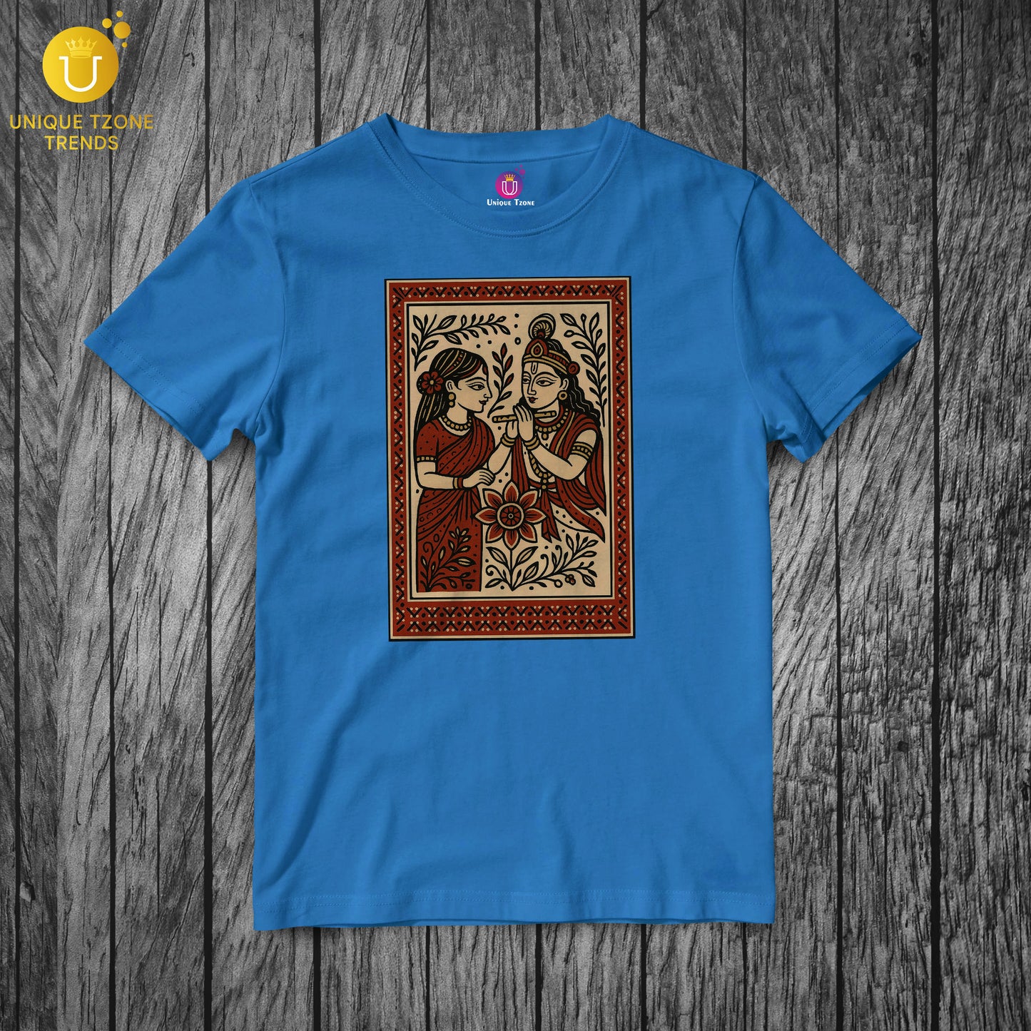 Radha Krishna Pattachitra Madhubani Folk Art Style Half Sleeve Round Neck Unisex Cotton Tshirt