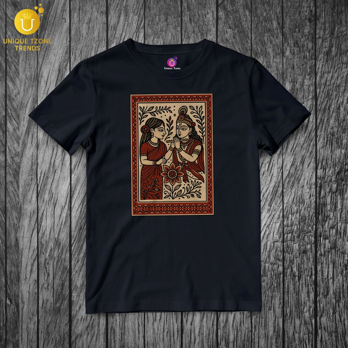 Radha Krishna Pattachitra Madhubani Folk Art Style Half Sleeve Round Neck Unisex Cotton Tshirt