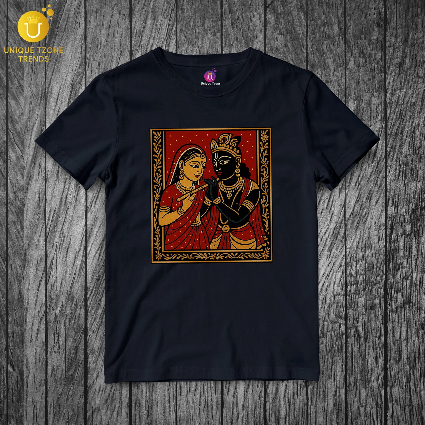 Traditional Radha Krishna Folk Art Spiritual Couple Printed Round Neck Half Sleeve Unisex Pure Cotton Tshirt