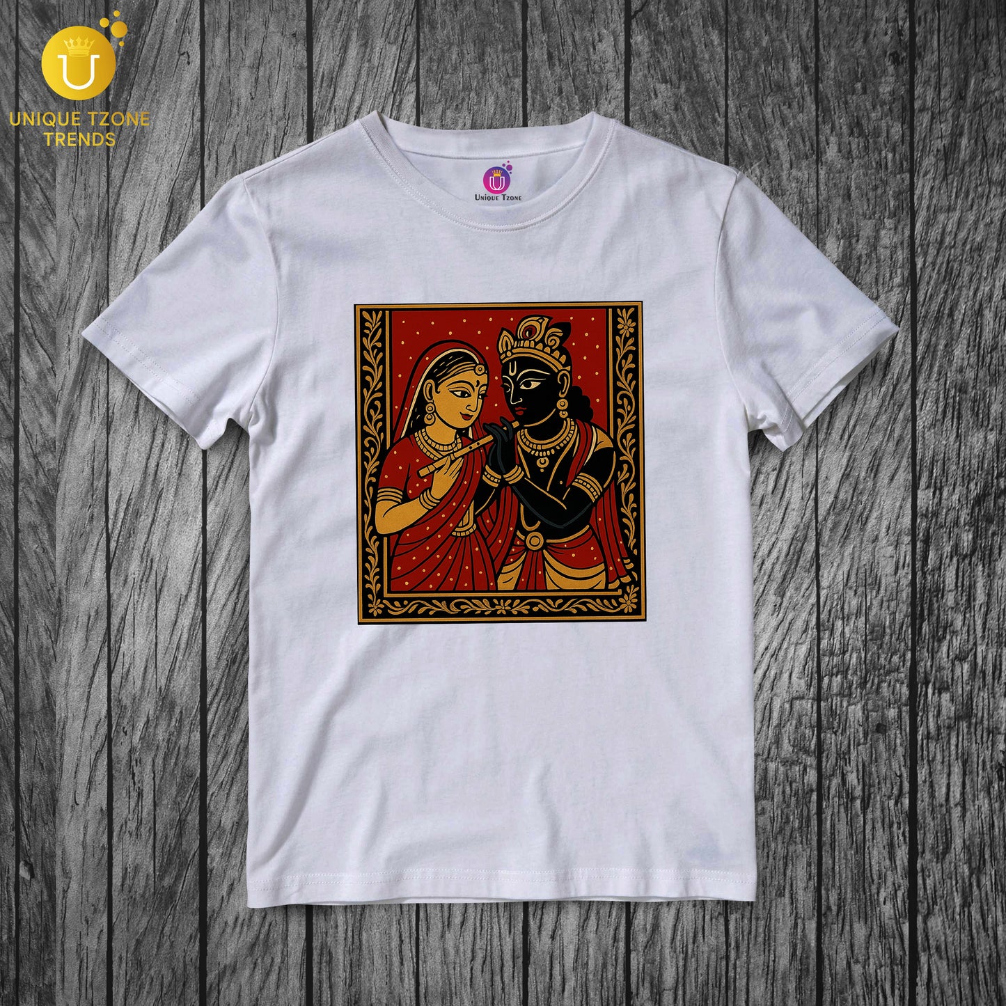 Traditional Radha Krishna Folk Art Spiritual Couple Printed Round Neck Half Sleeve Unisex Pure Cotton Tshirt
