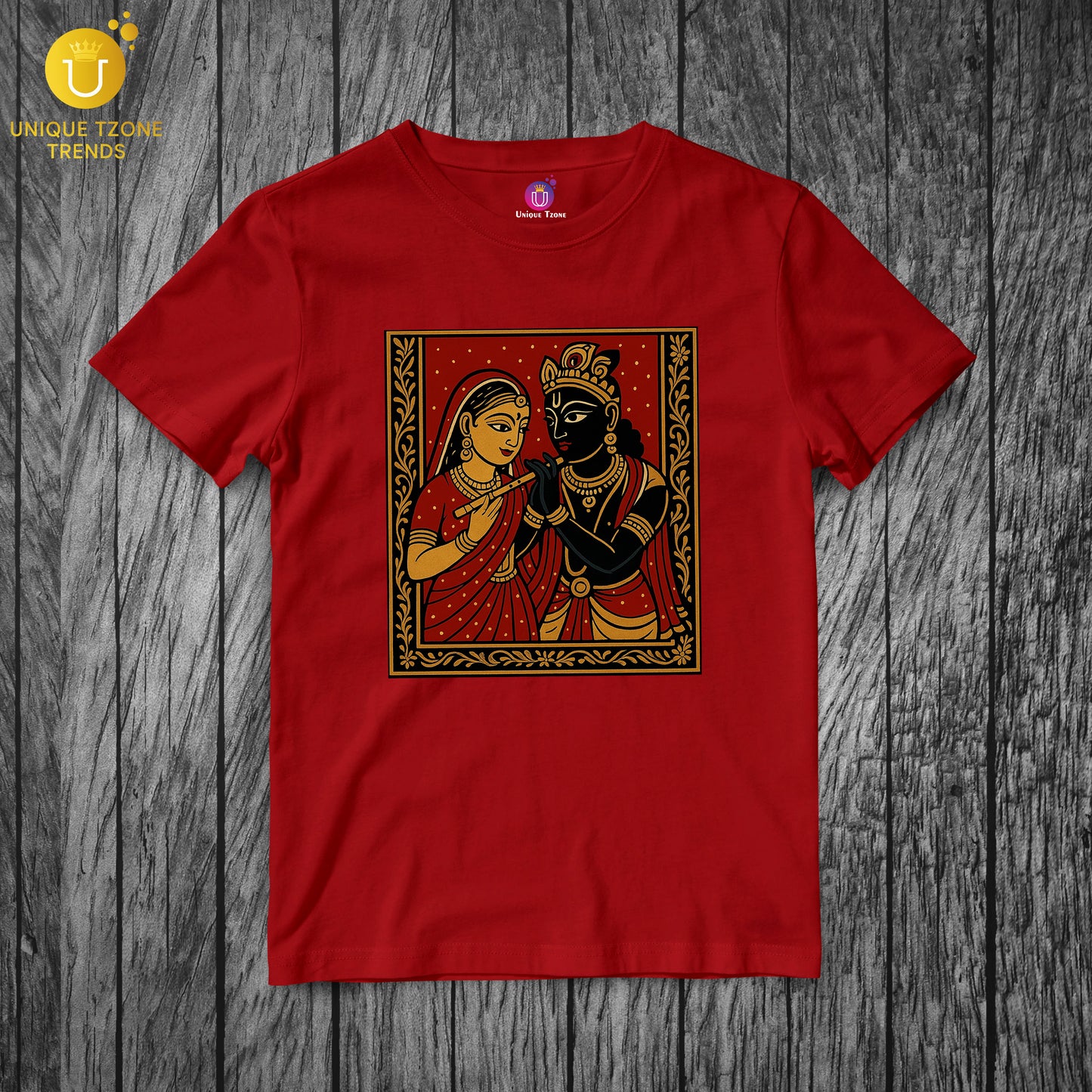 Traditional Radha Krishna Folk Art Spiritual Couple Printed Round Neck Half Sleeve Unisex Pure Cotton Tshirt
