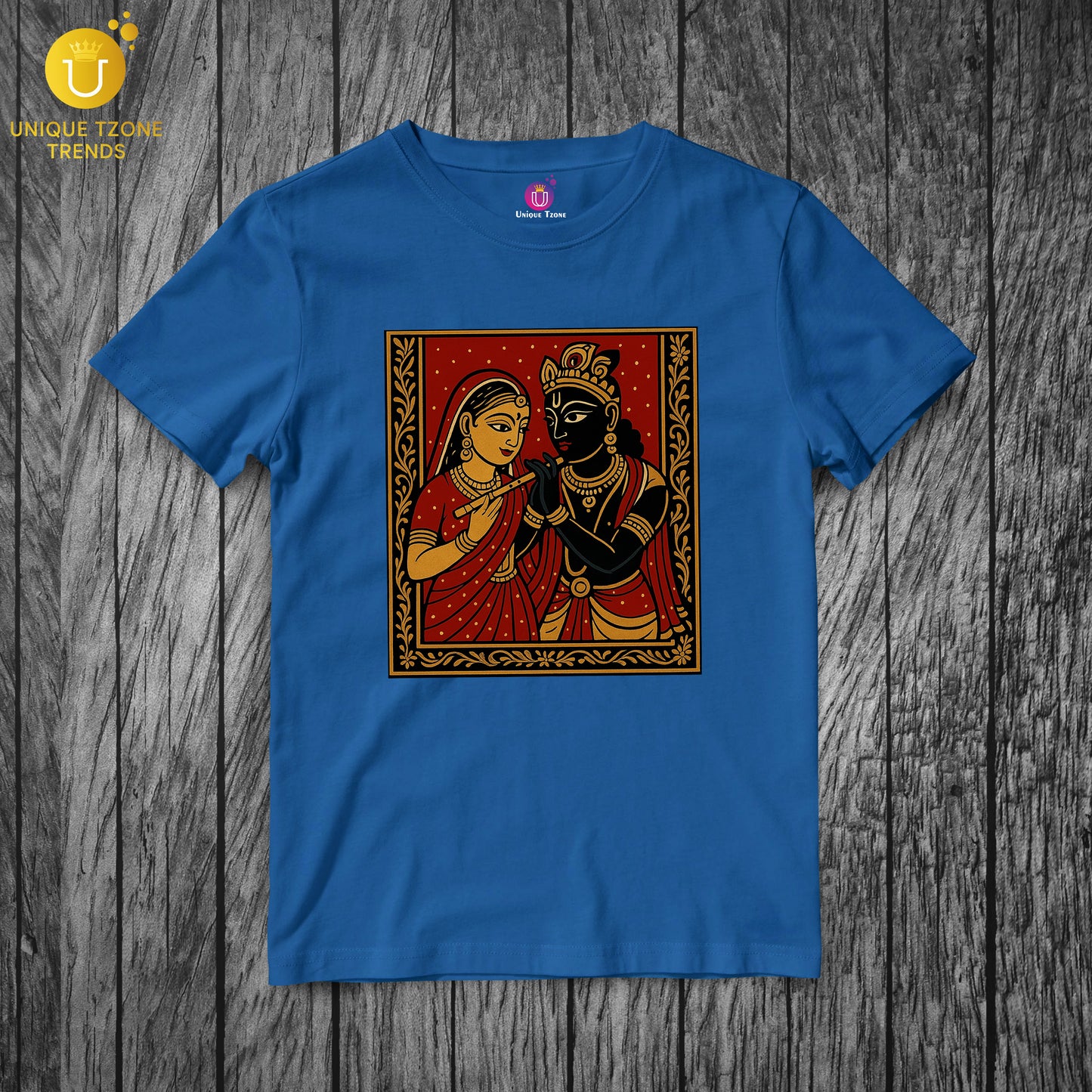 Traditional Radha Krishna Folk Art Spiritual Couple Printed Round Neck Half Sleeve Unisex Pure Cotton Tshirt