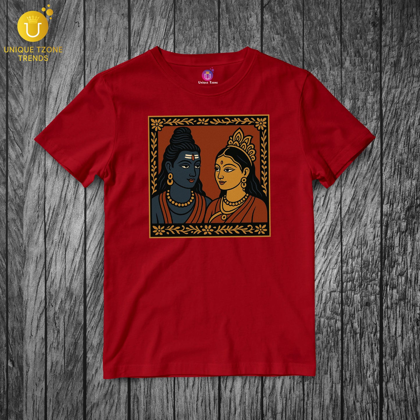 Indian Folk Art Style Shiva Parvati Half Sleeve Round Neck Pure Cotton Unisex Tshirt