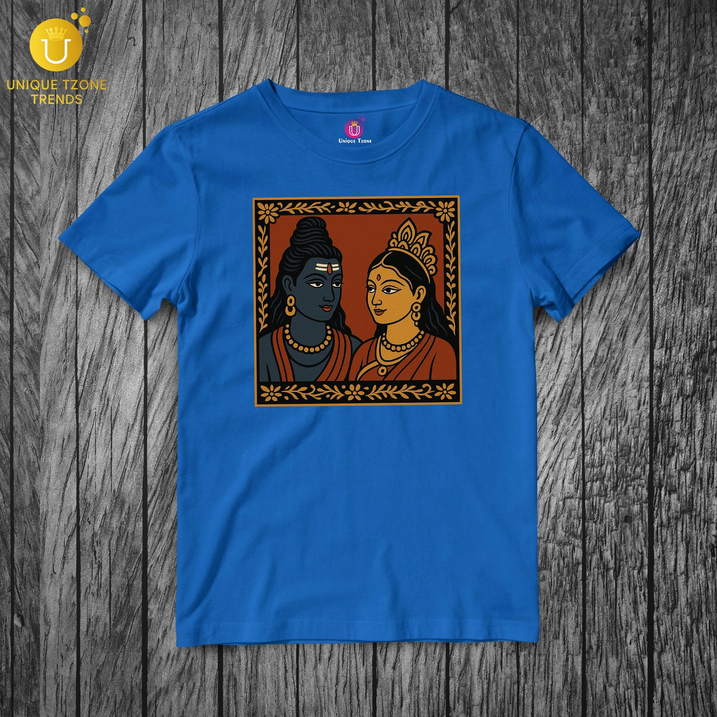 Indian Folk Art Style Shiva Parvati Half Sleeve Round Neck Pure Cotton Unisex Tshirt
