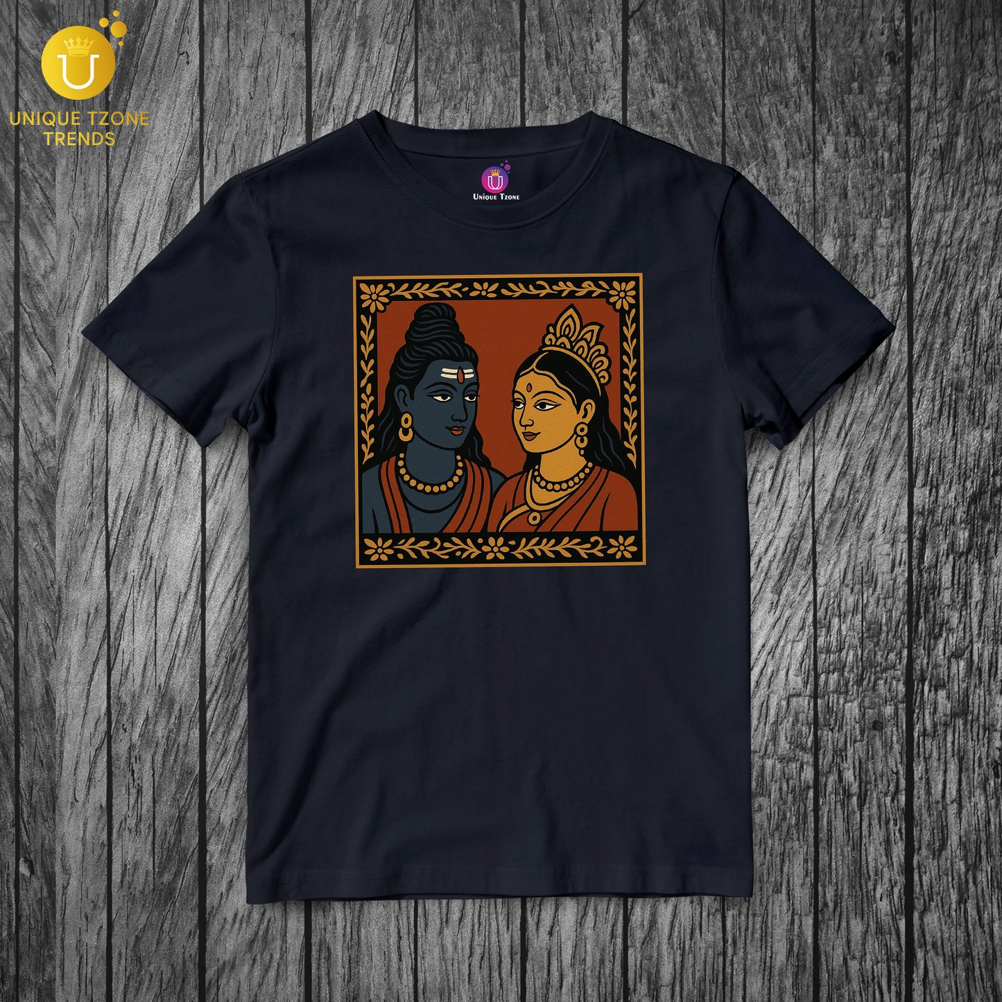 Indian Folk Art Style Shiva Parvati Half Sleeve Round Neck Pure Cotton Unisex Tshirt
