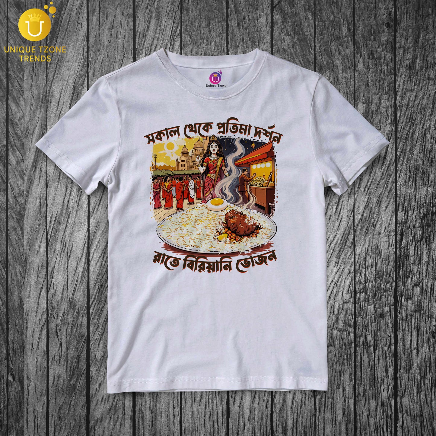 Sokal Theke Protima Dorshon Raate Biriyani Bhojon Round Neck Half Sleeve Unisex Pure Cotton Tshirt