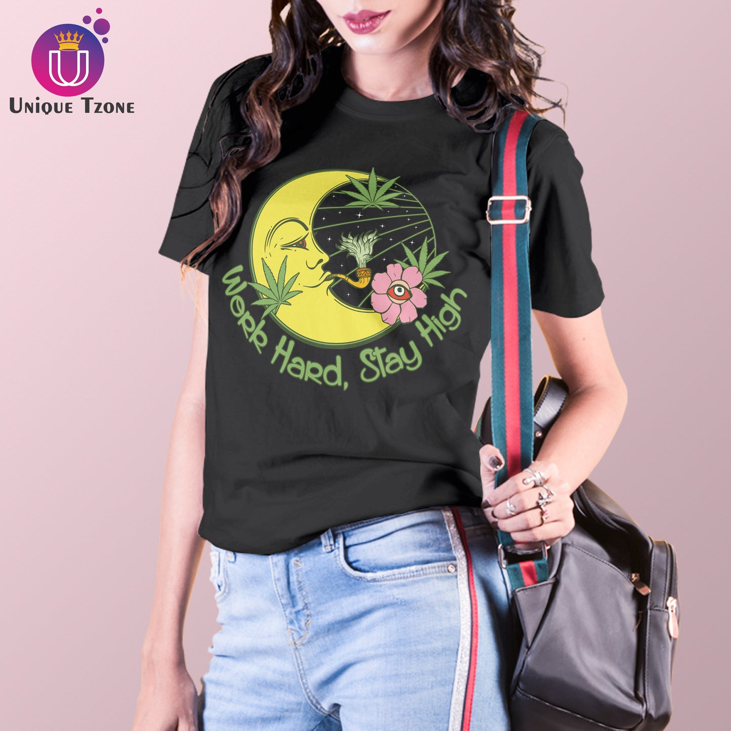 Work Hard Stay High Women Cotton Round Neck Half Sleeve Graphics Tshirt