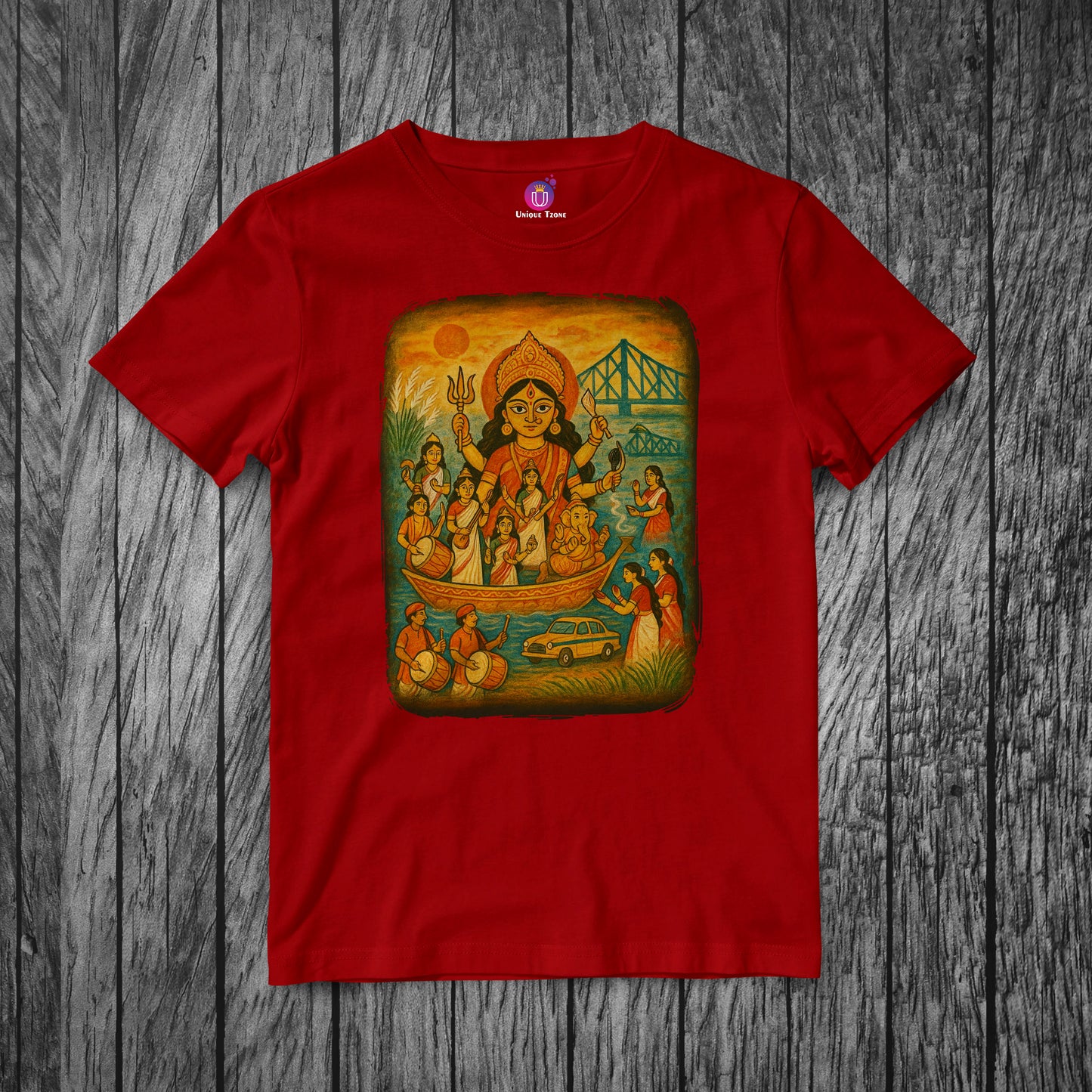 Jai Maa Durga Bengali Hand Print Style Round Neck Pure Cotton Half Sleeve Unisex Tshirt
