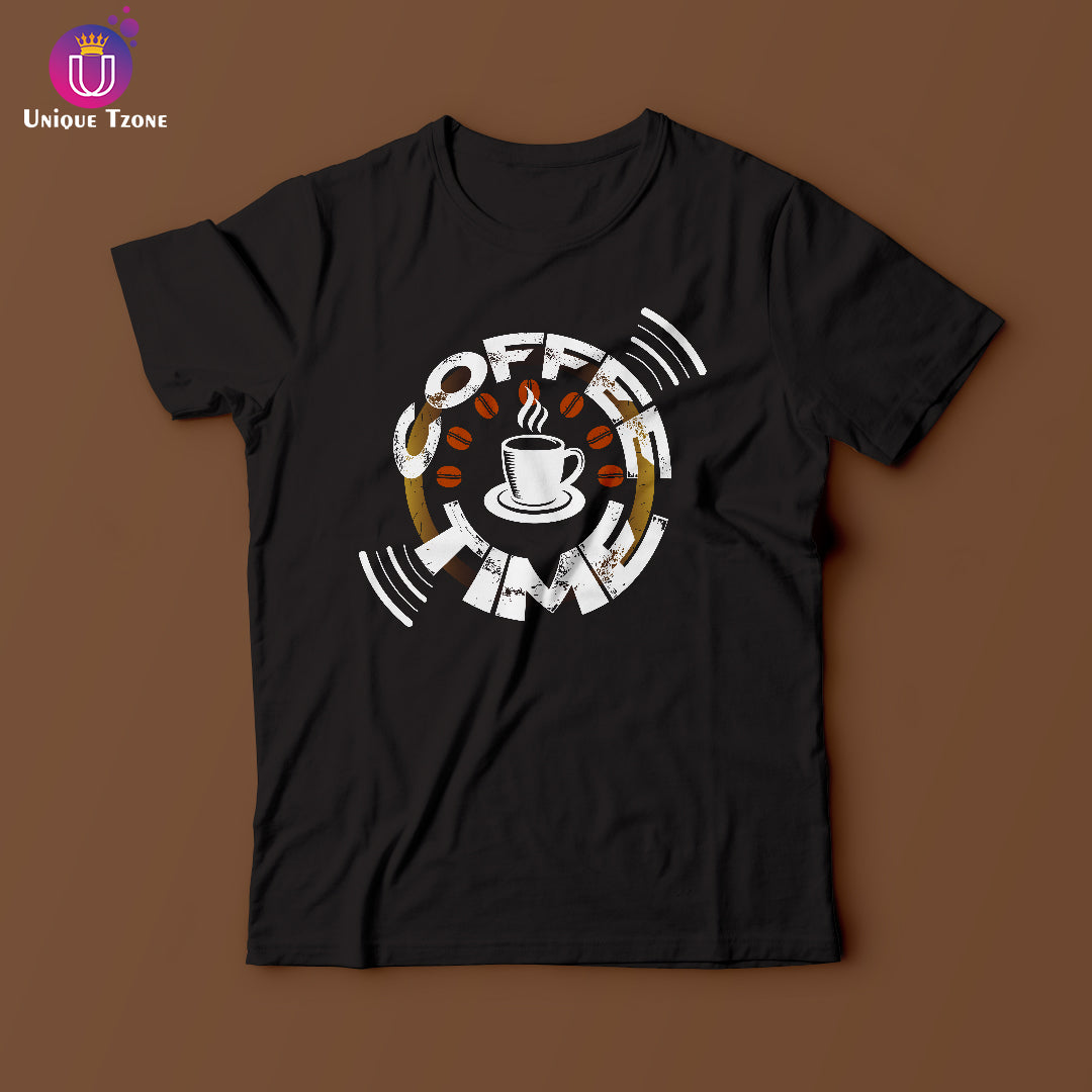 Coffee Time Black Round Neck Half Sleeve Cotton T-shirt