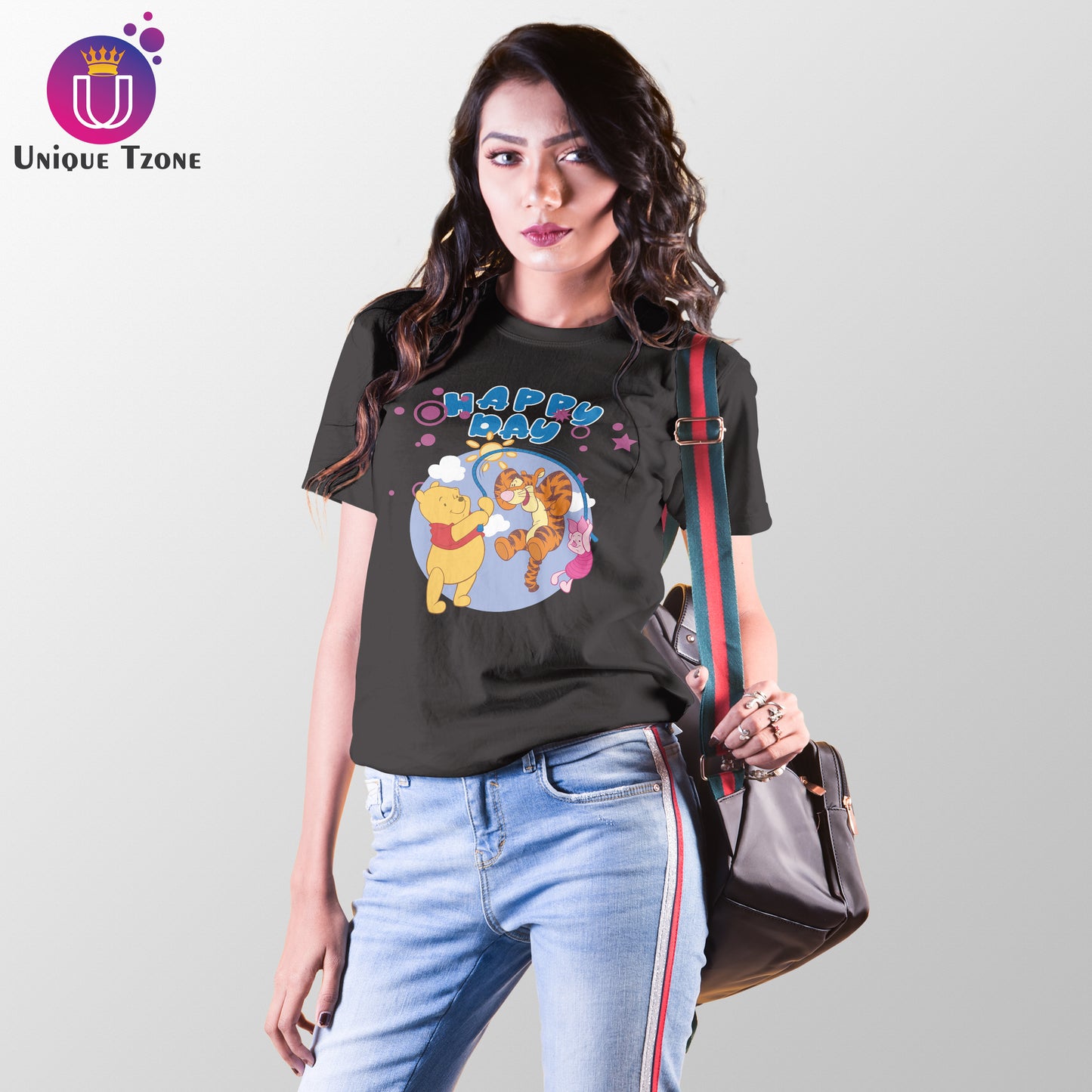 Happy Day Women Black Round Neck Half Sleeve Cotton T-shirt
