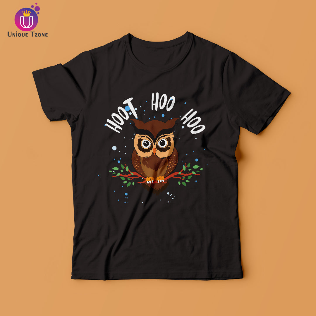 Hoot Ho Hoo Cute Owl Half Sleeve Round Neck Cotton T-shirt