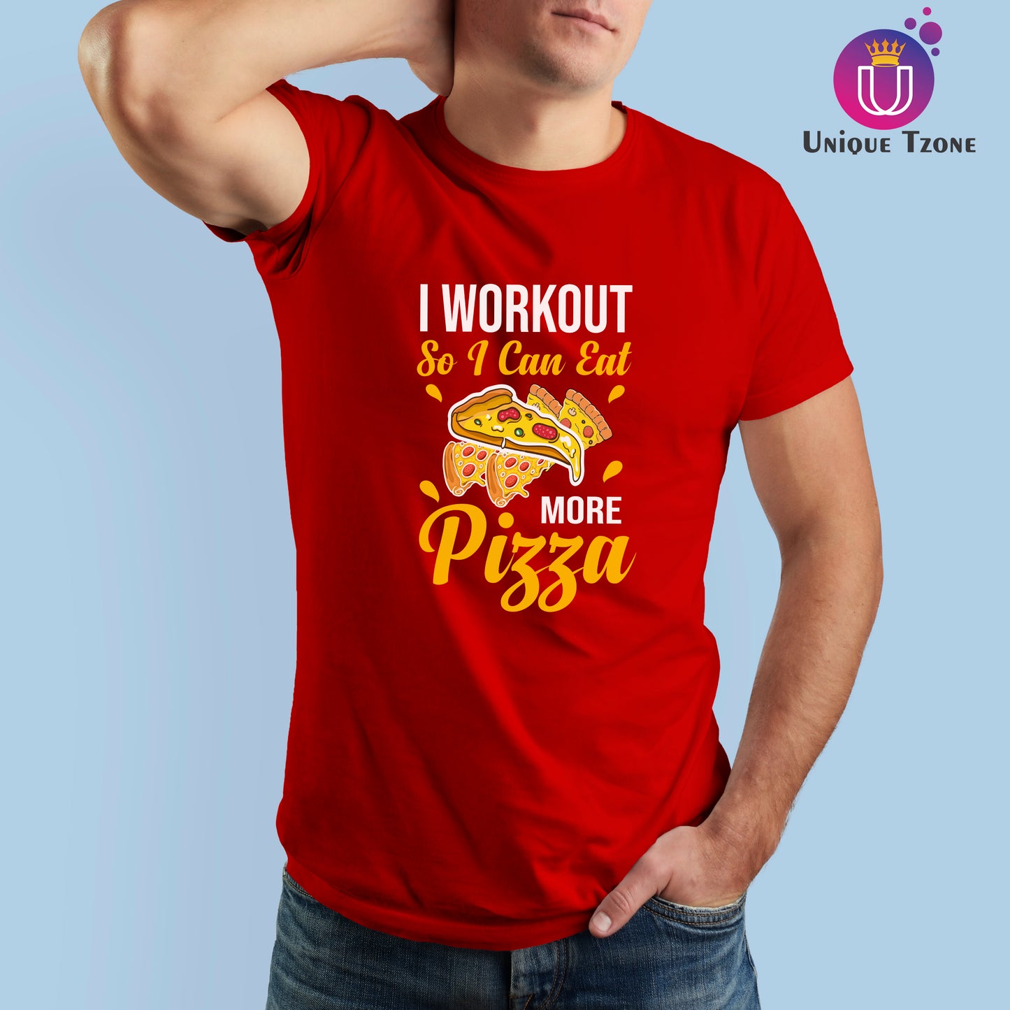 I Workout So I Can Eat Pizza Red Half Sleeve Foodie Cotton Round Neck T-shirt
