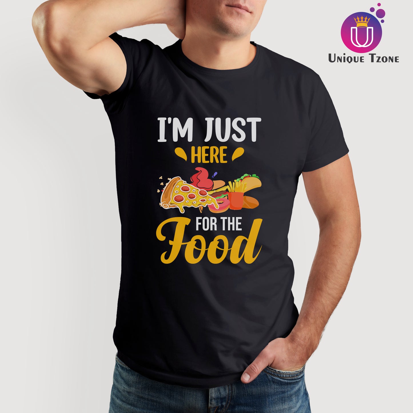 I Am Here Just For Food Premium Black Half Sleeve Round Neck Cotton T-shirt