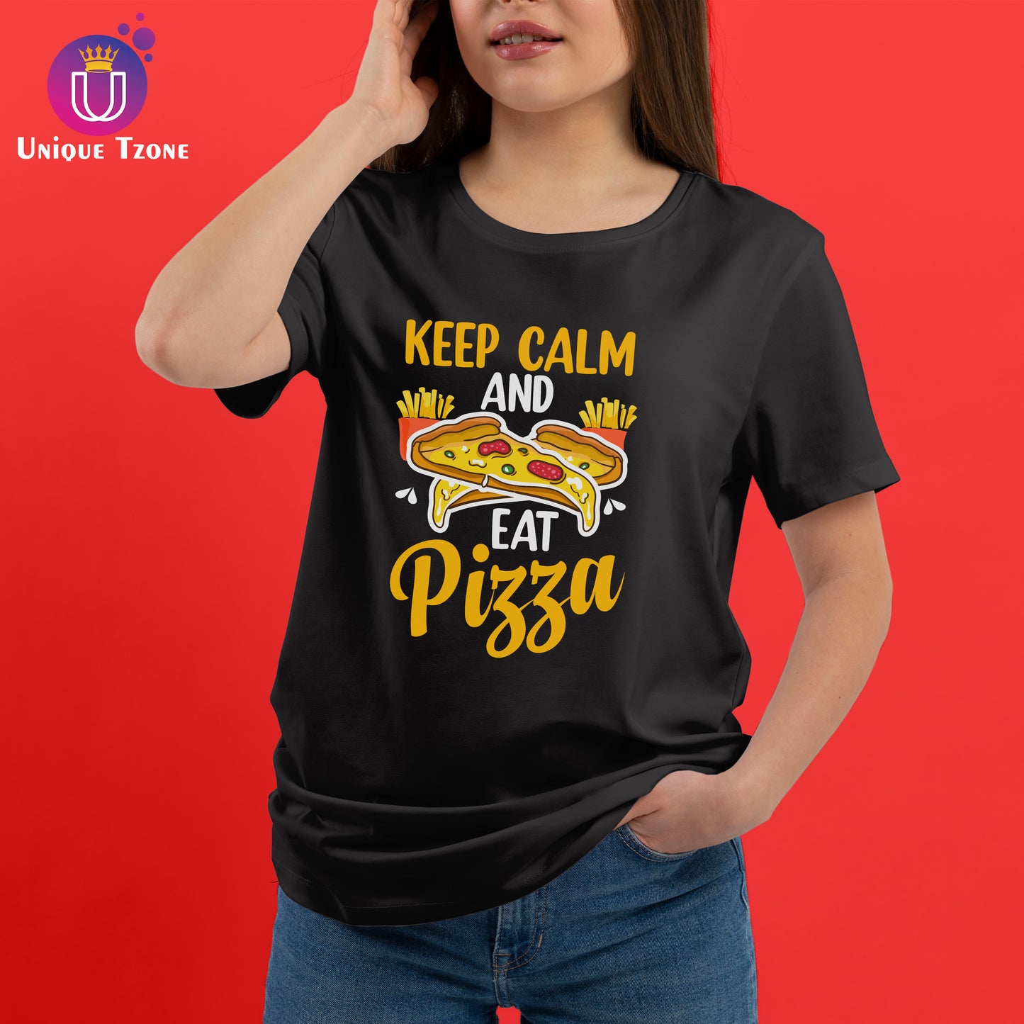 Keep Clam and Eat Pizza Black Round Neck Cotton T-shirt