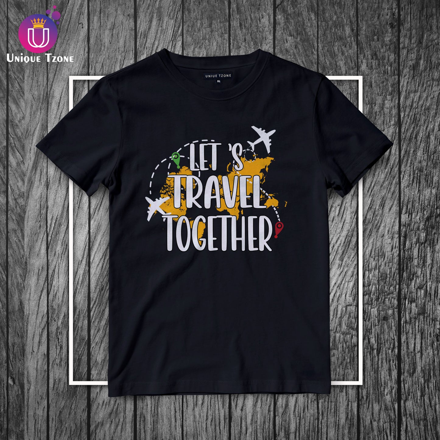 Let's Travel Together Black Round Neck Cotton T-shirt