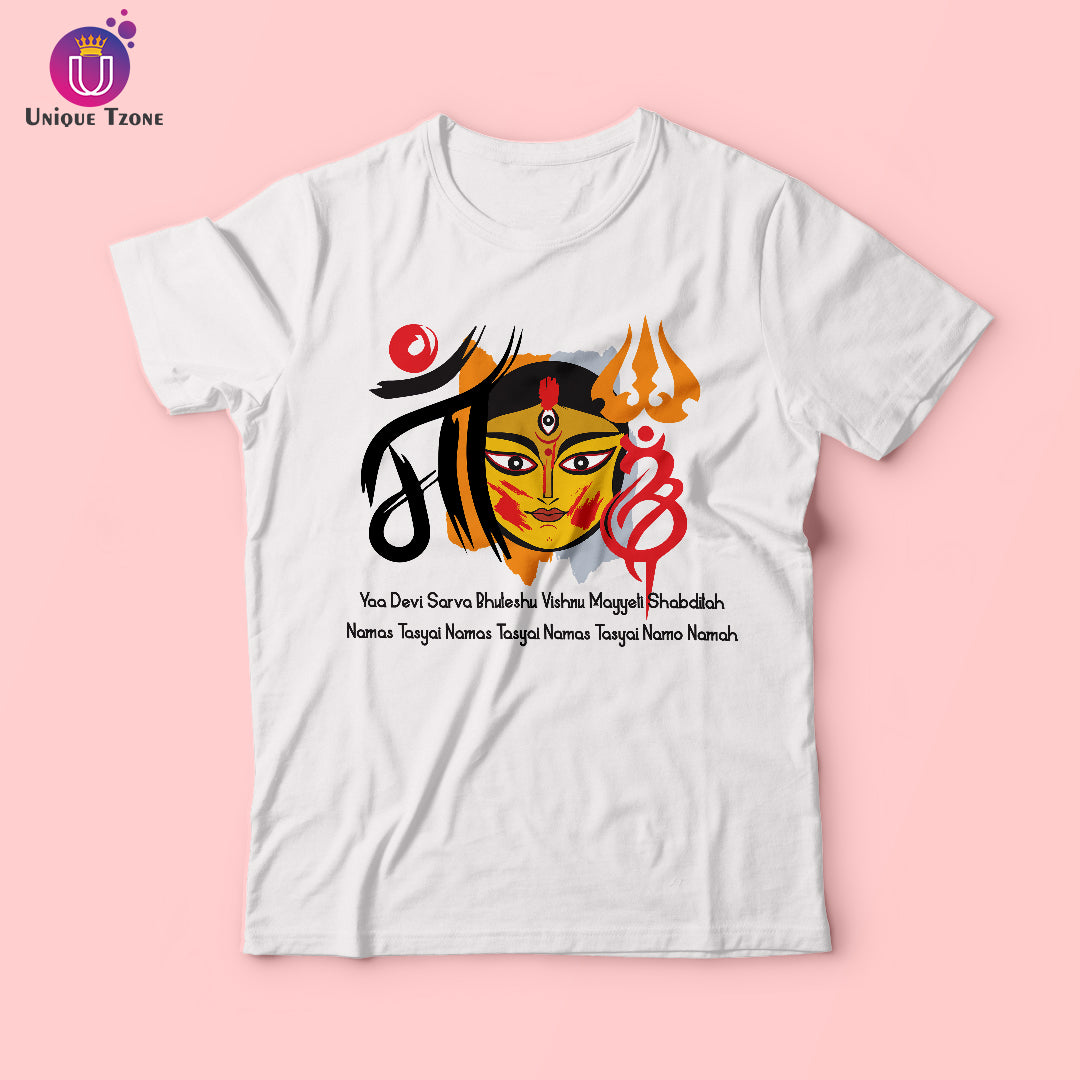 Durga Maa Face Art With Powerful Mantra Cotton T-shirt