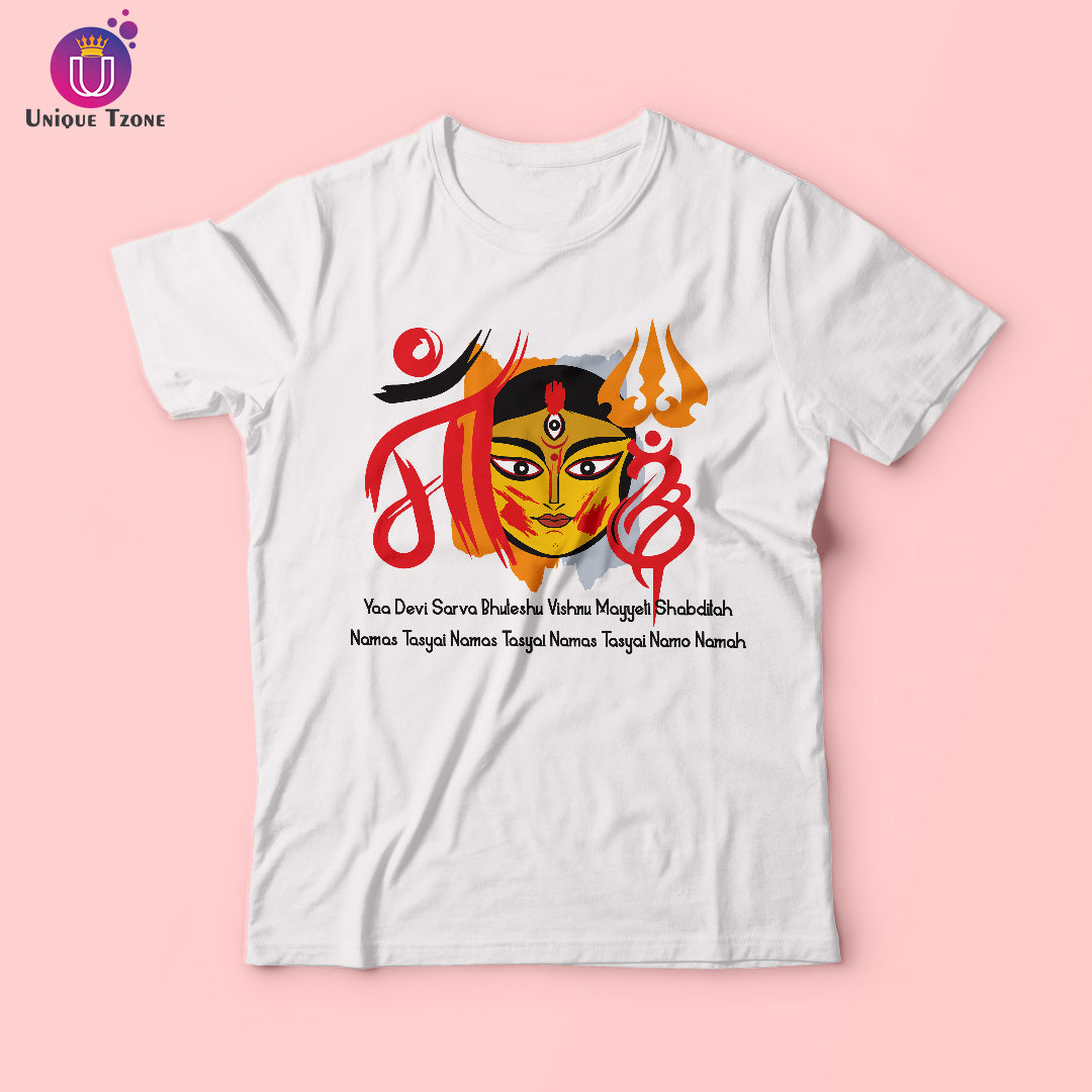 Durga Maa Face Art With Powerful Mantra Cotton T-shirt